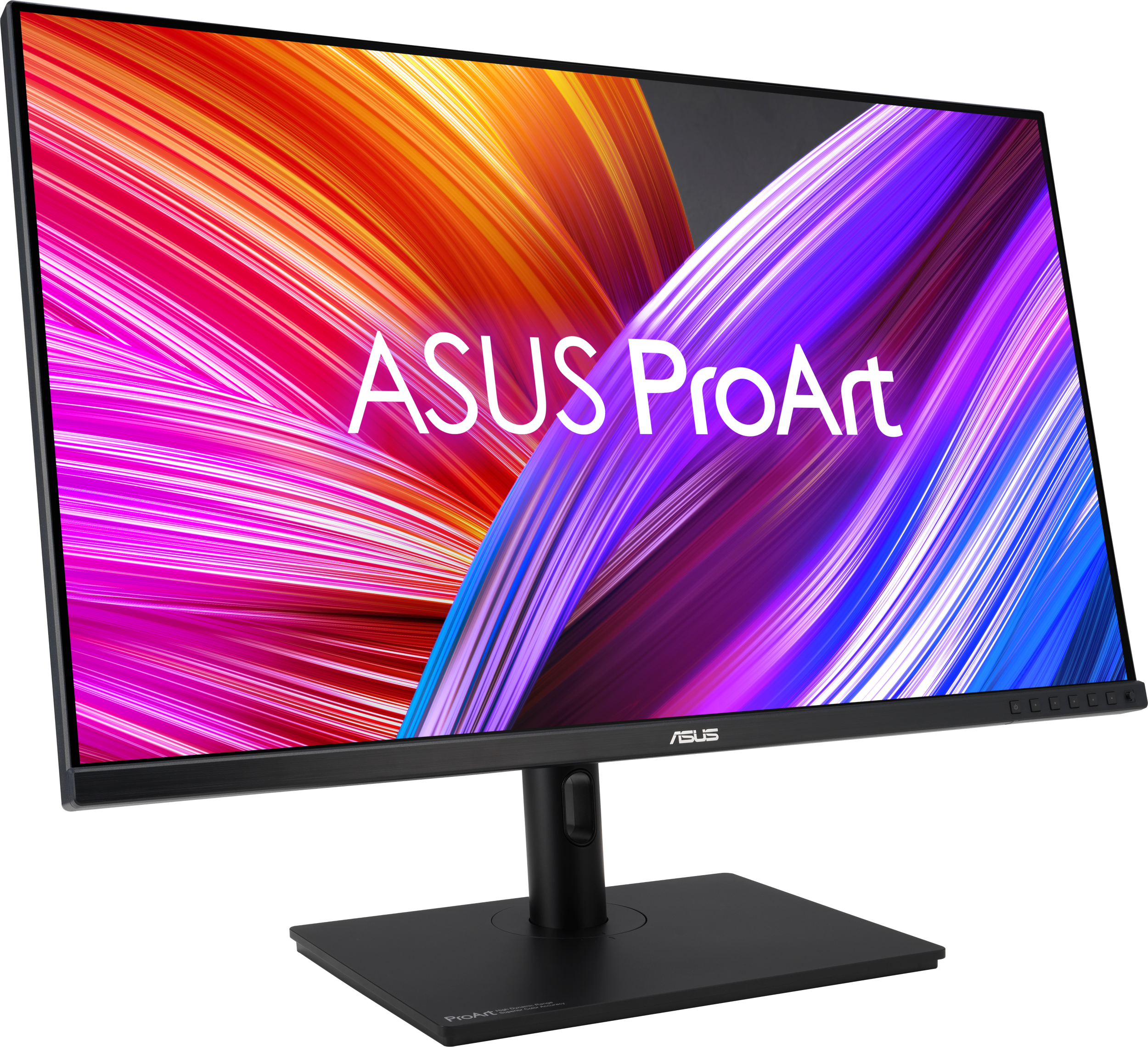Schwarzer Computermonitor mit farbenfrohem abstraktem Design. Asus-Logo. Schwarzer Hintergrund.