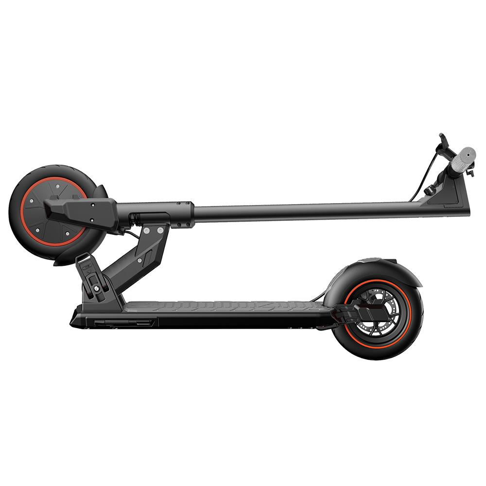 Siyah ve kırmızı elektrikli scooter, yan görünüm.