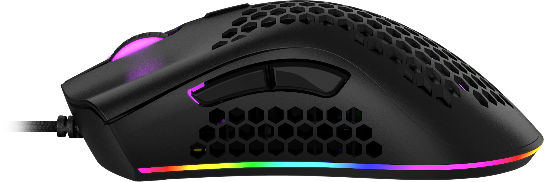 Schwarze Gaming-Maus mit RGB-Beleuchtung an Seite und unten. Die Maus hat ein Wabenmuster.