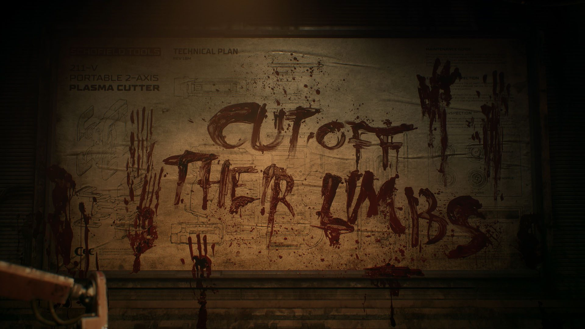 Blutige Wand mit 'CUT OFF THEIR LIMBS' in Blut geschrieben, mit Handabdrücken.