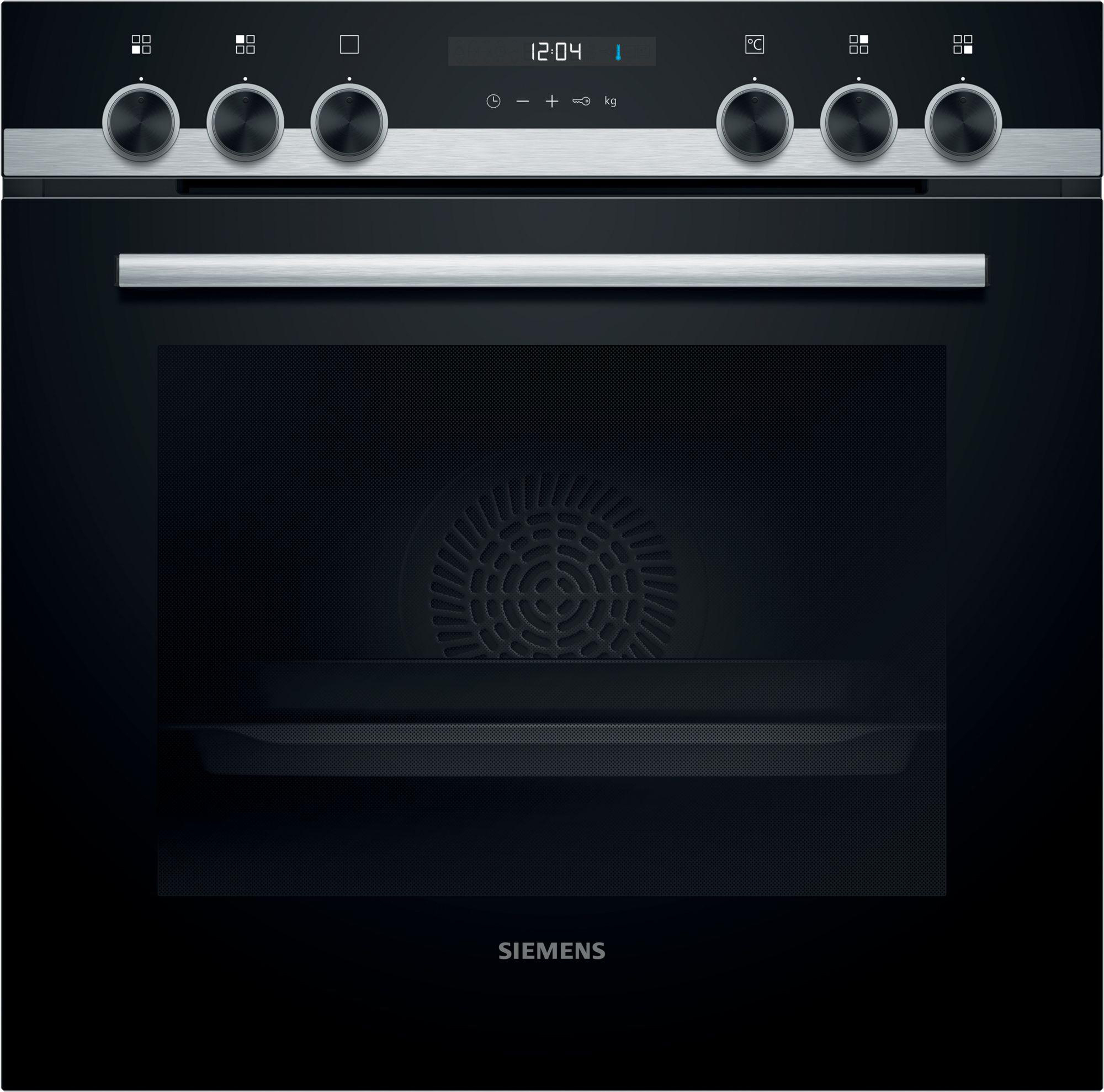 Schwarzer Siemens-Backofen mit Digitalanzeige und Bedienknöpfen, Innenansicht.