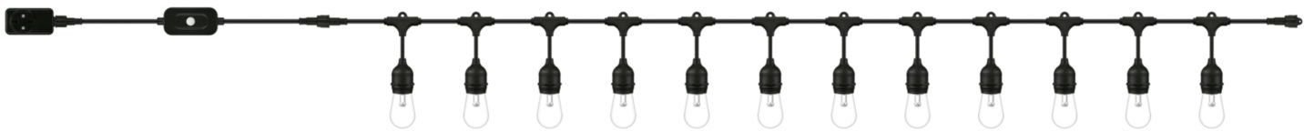 Snoer zwarte buitenverlichting met heldere gloeilampen.