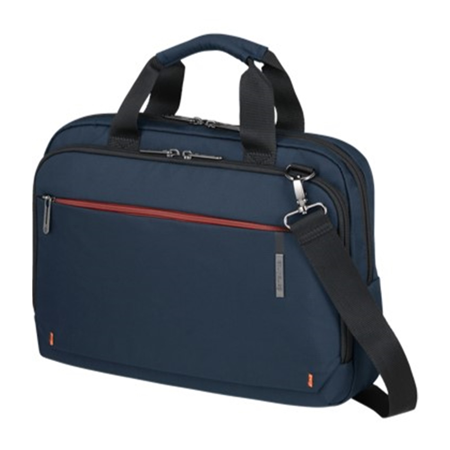 Ventiquattrore Samsonite blu. Ha manici, una tracolla e una striscia rossa.