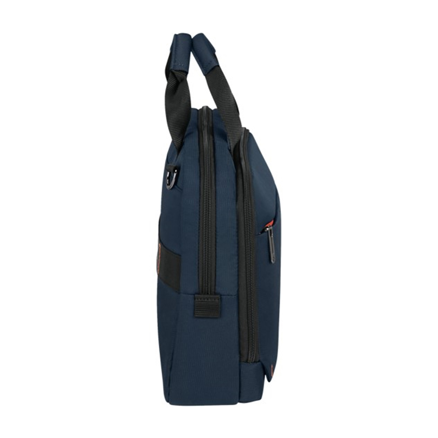 Una vista laterale di una borsa per laptop blu navy. Ha un manico e dettagli con cerniera.
