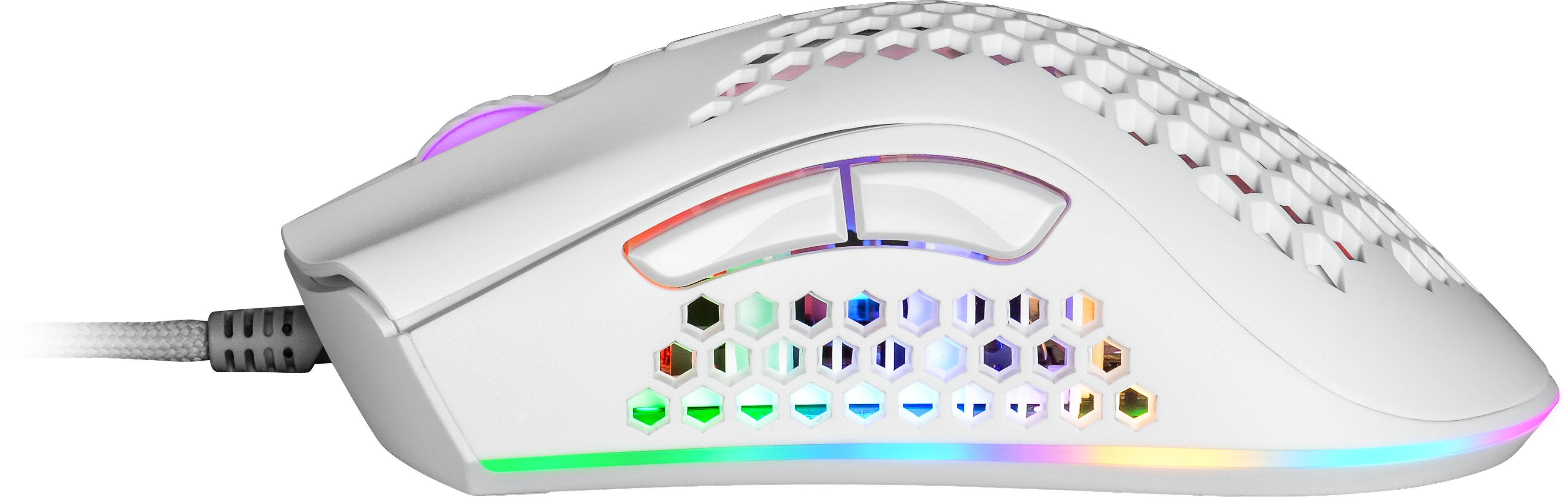 Weiße Gaming-Maus mit Wabenmuster und bunten LED-Lichtern.