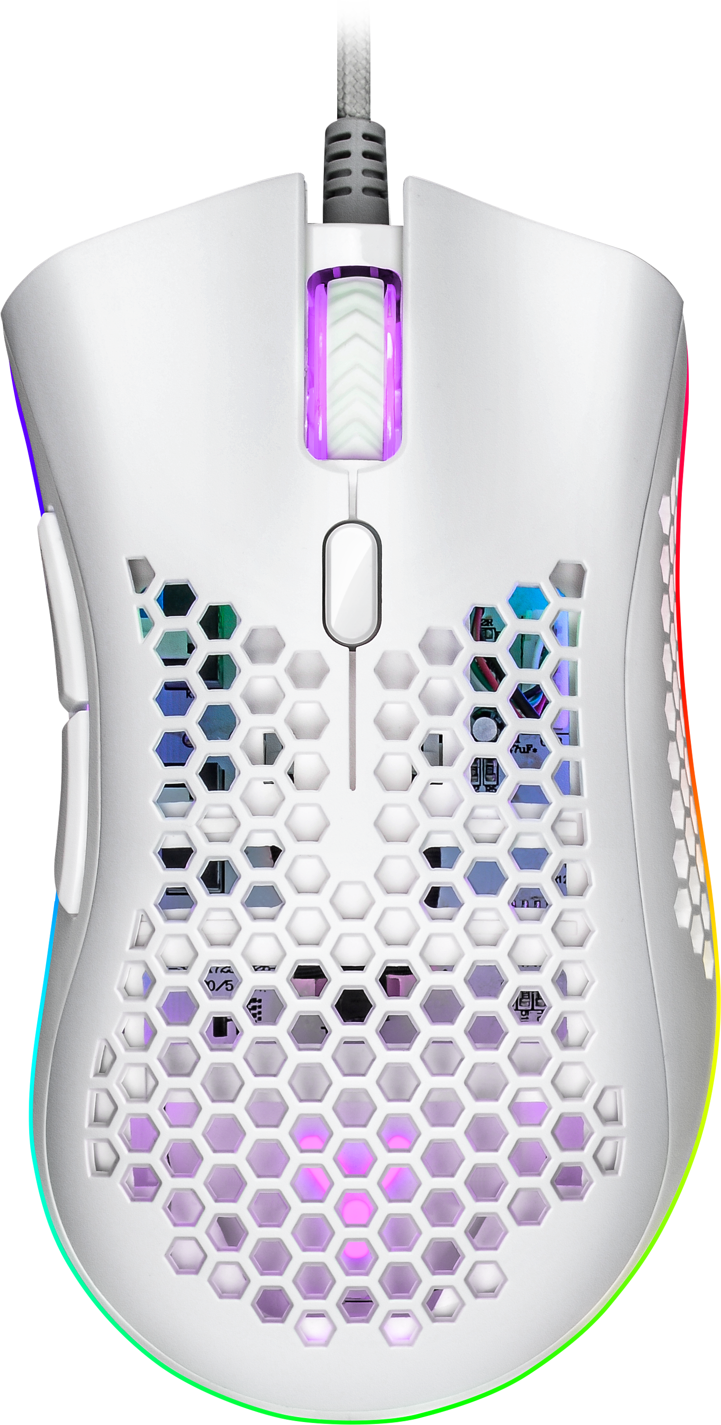 Weiße Gaming-Maus mit Wabenmuster, LED-Beleuchtung und mehreren Tasten.