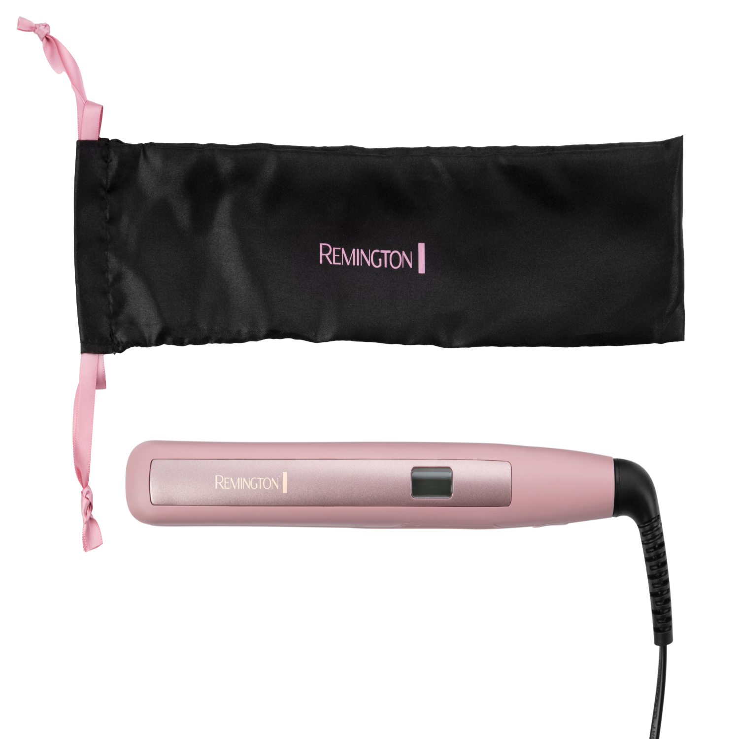 Roze Remington stijltang met zwart snoer en een roze zakje met trekkoord.
