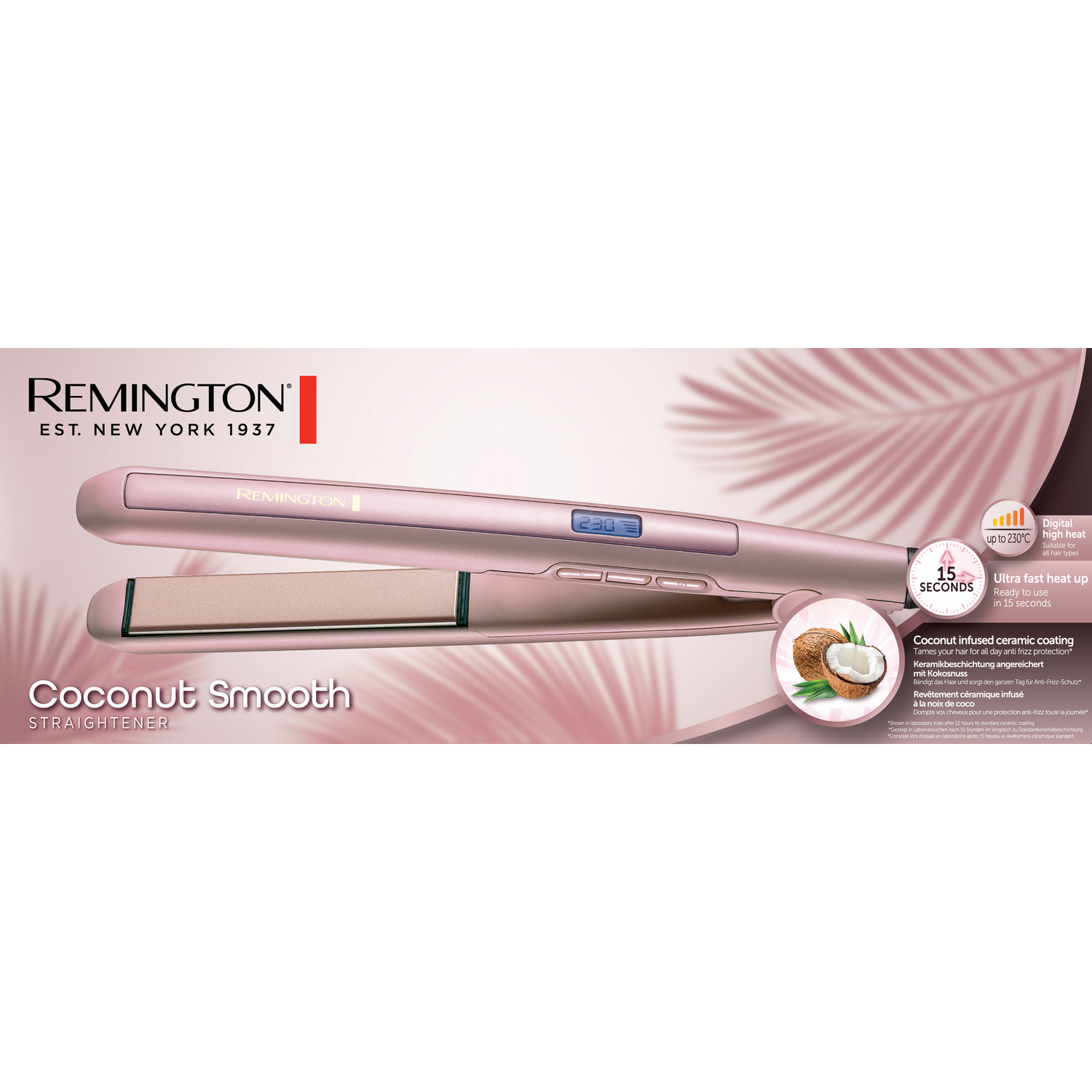 Remington Coconut Smooth stijltang met kokosnoot- en olie-illustratie.