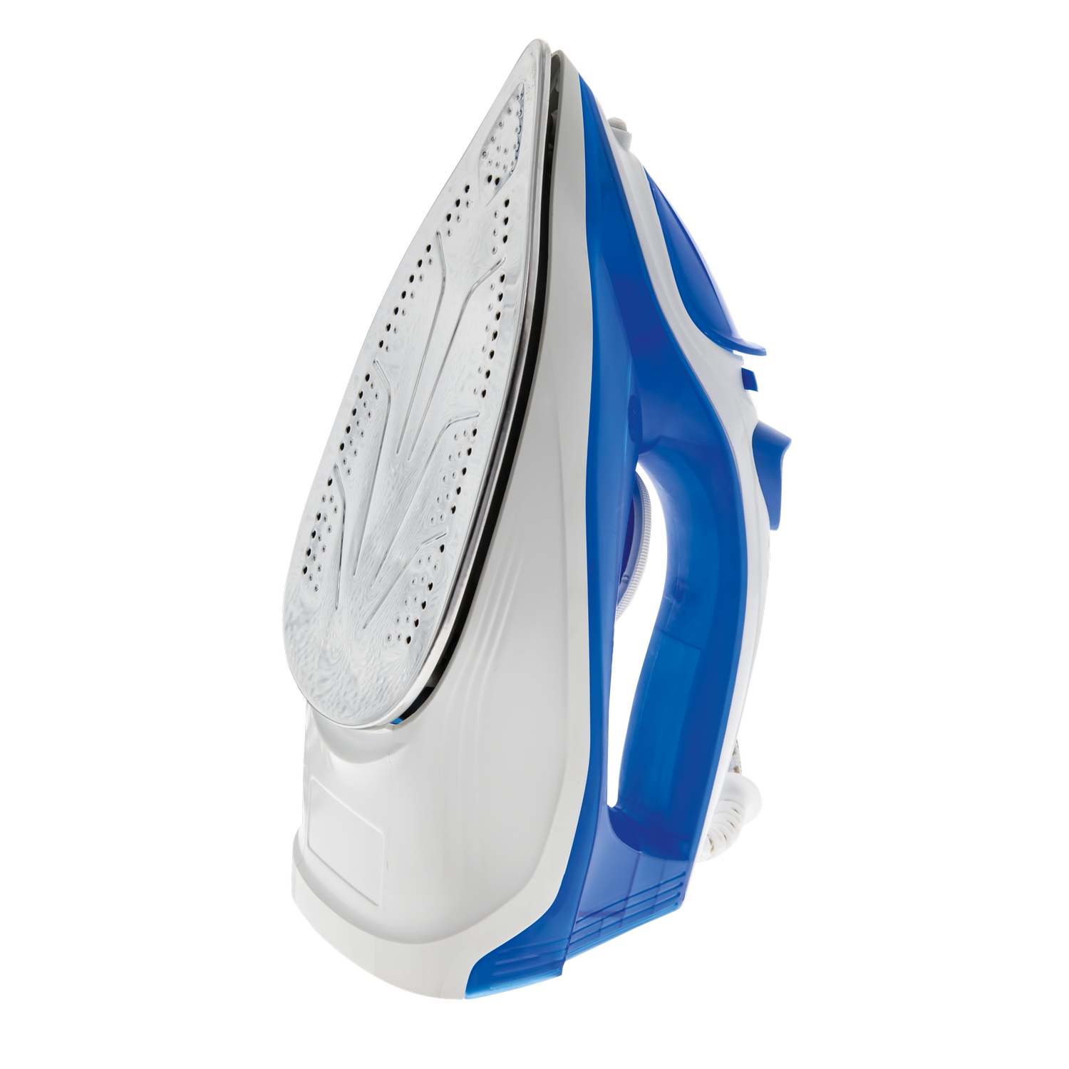 Blue and white iron. Angled view on a black background. Shows the iron's soleplate.