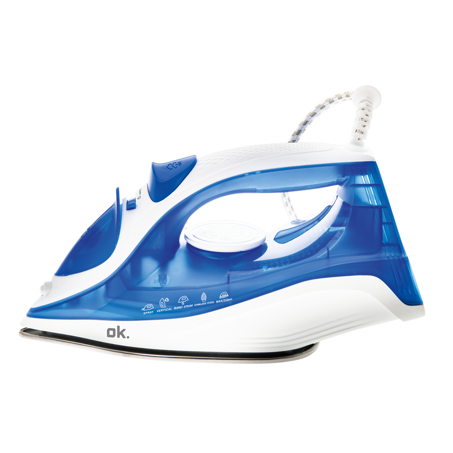White and blue iron, with blue water tank. Isolated on black background.