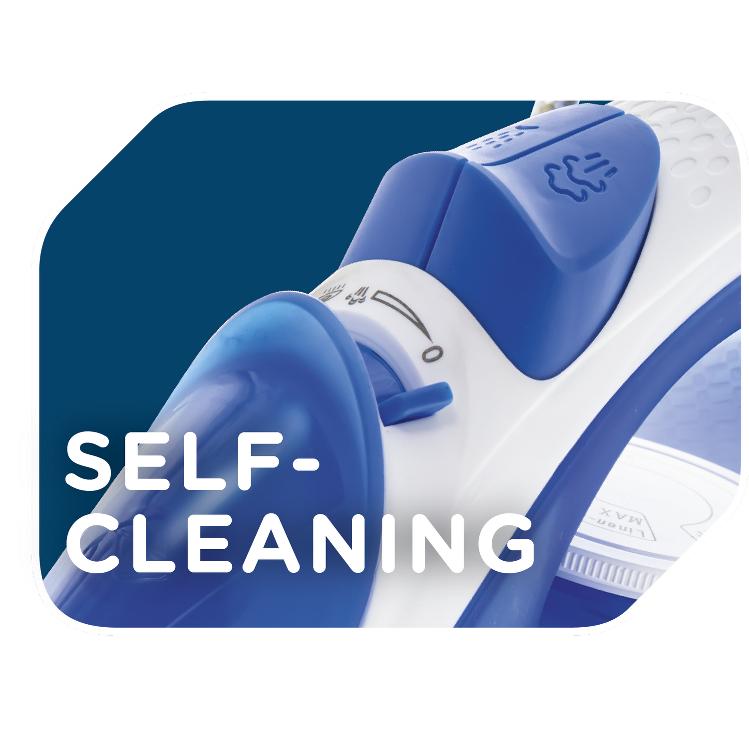 Close-up of a blue and white iron showing the 'Self-Cleaning' feature on a white background.