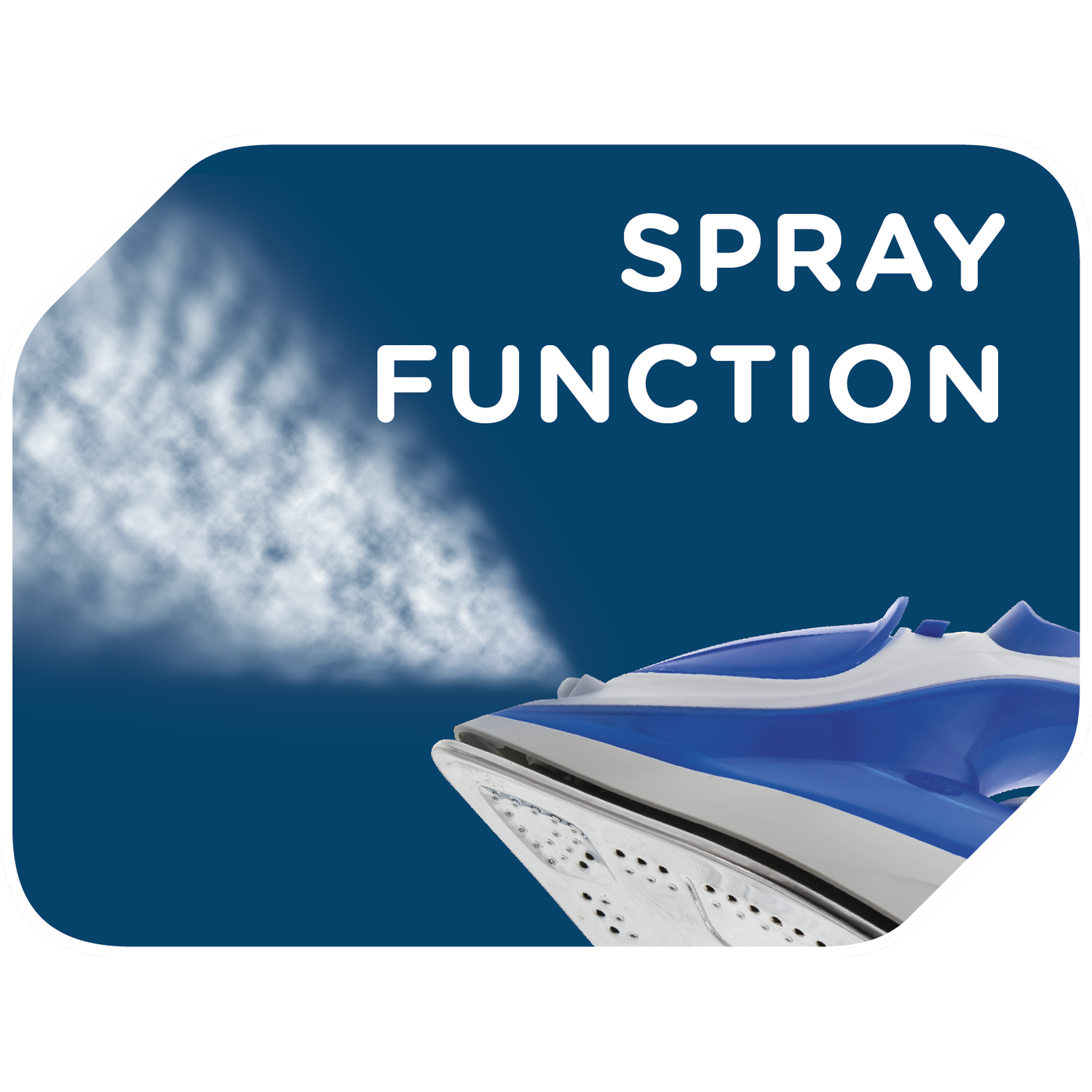 Blue and white iron spraying steam. Text reads Spray Function. A dark blue background.