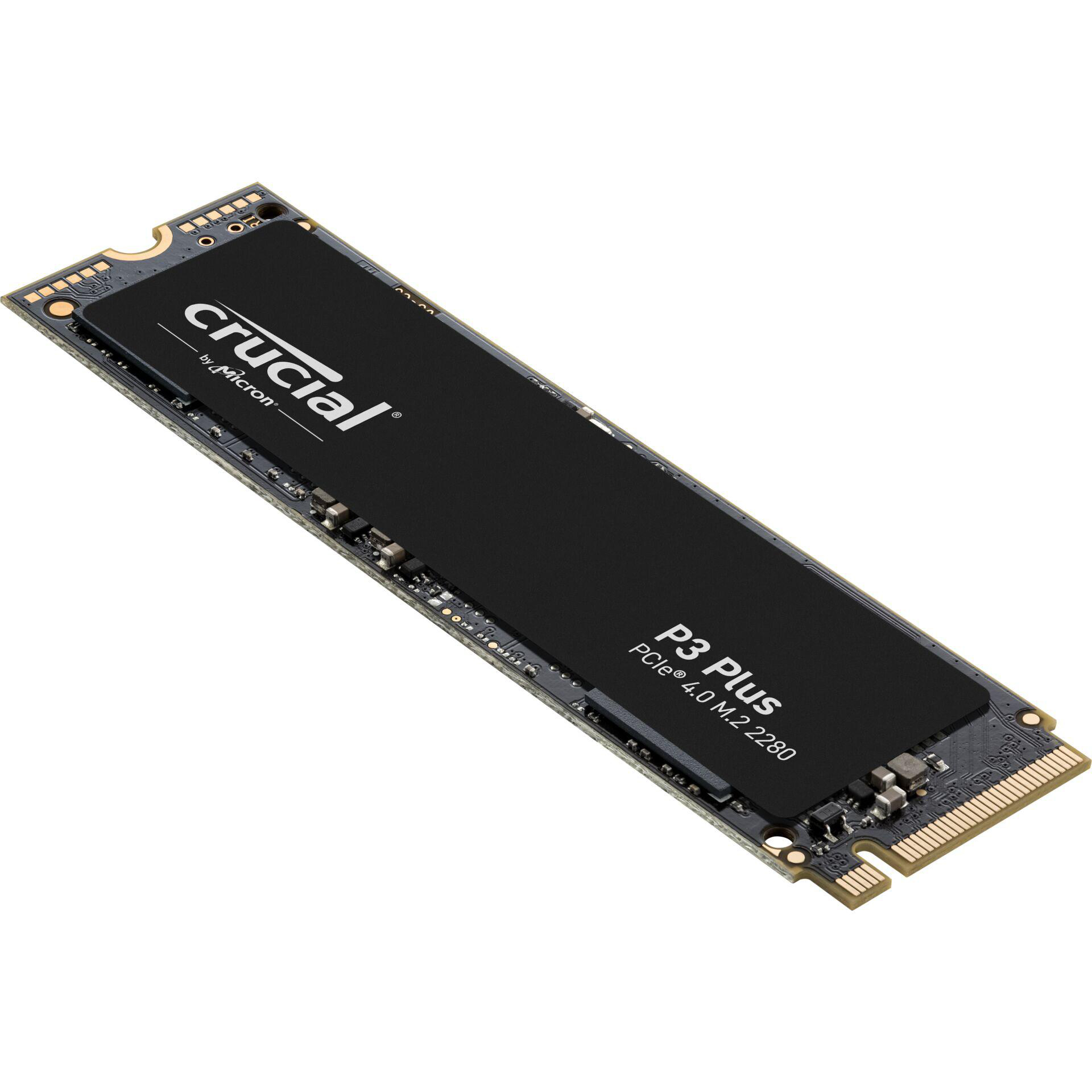 Eine Crucial P3 Plus PCIe 4.0 M.2 2280 SSD. Schwarzes rechteckiges Speichergerät mit Markenlogo und Text auf der Vorderseite.