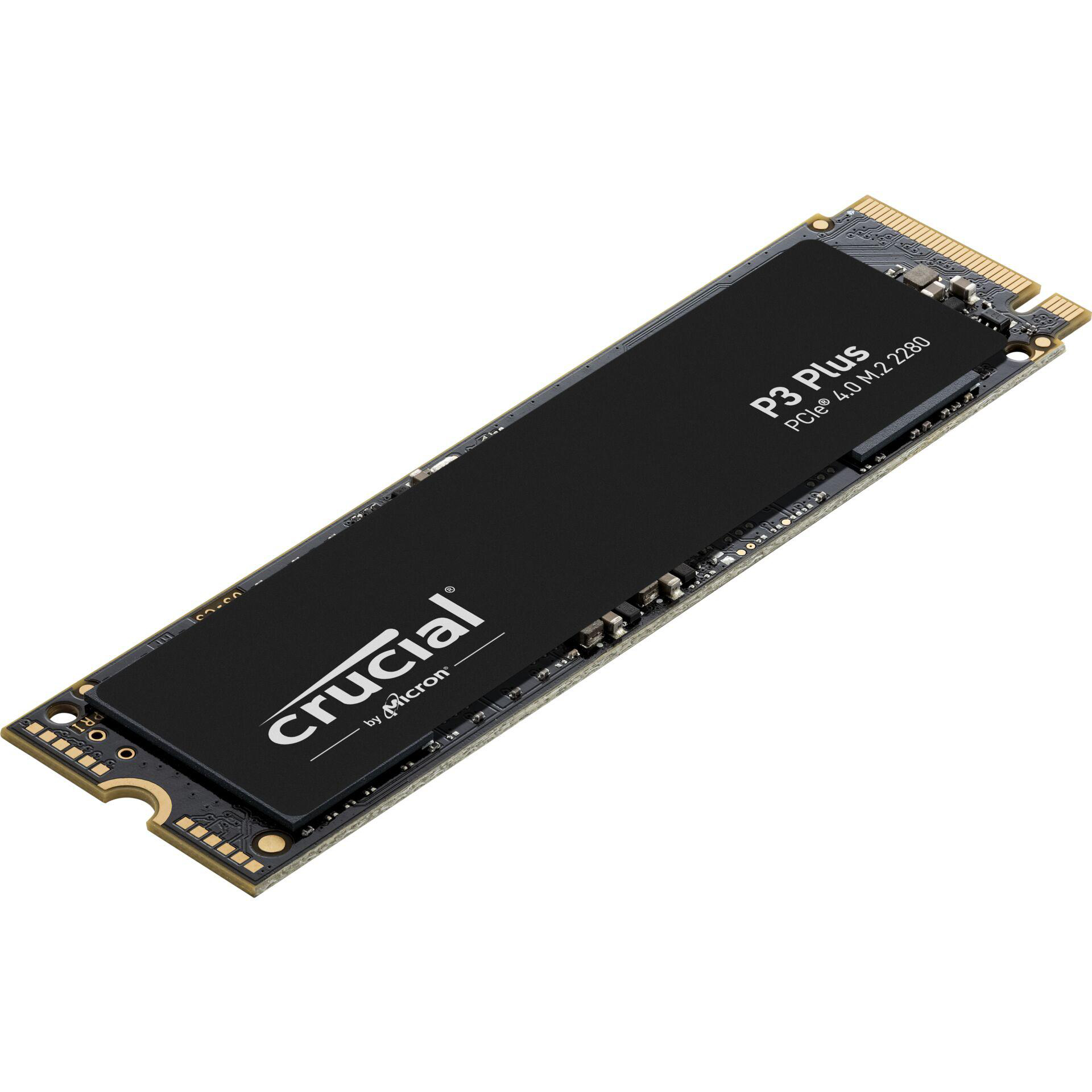 Eine SSD mit schwarzen und goldenen Details. Sie hat das Crucial-Logo und die P3 Plus-Bezeichnung.
