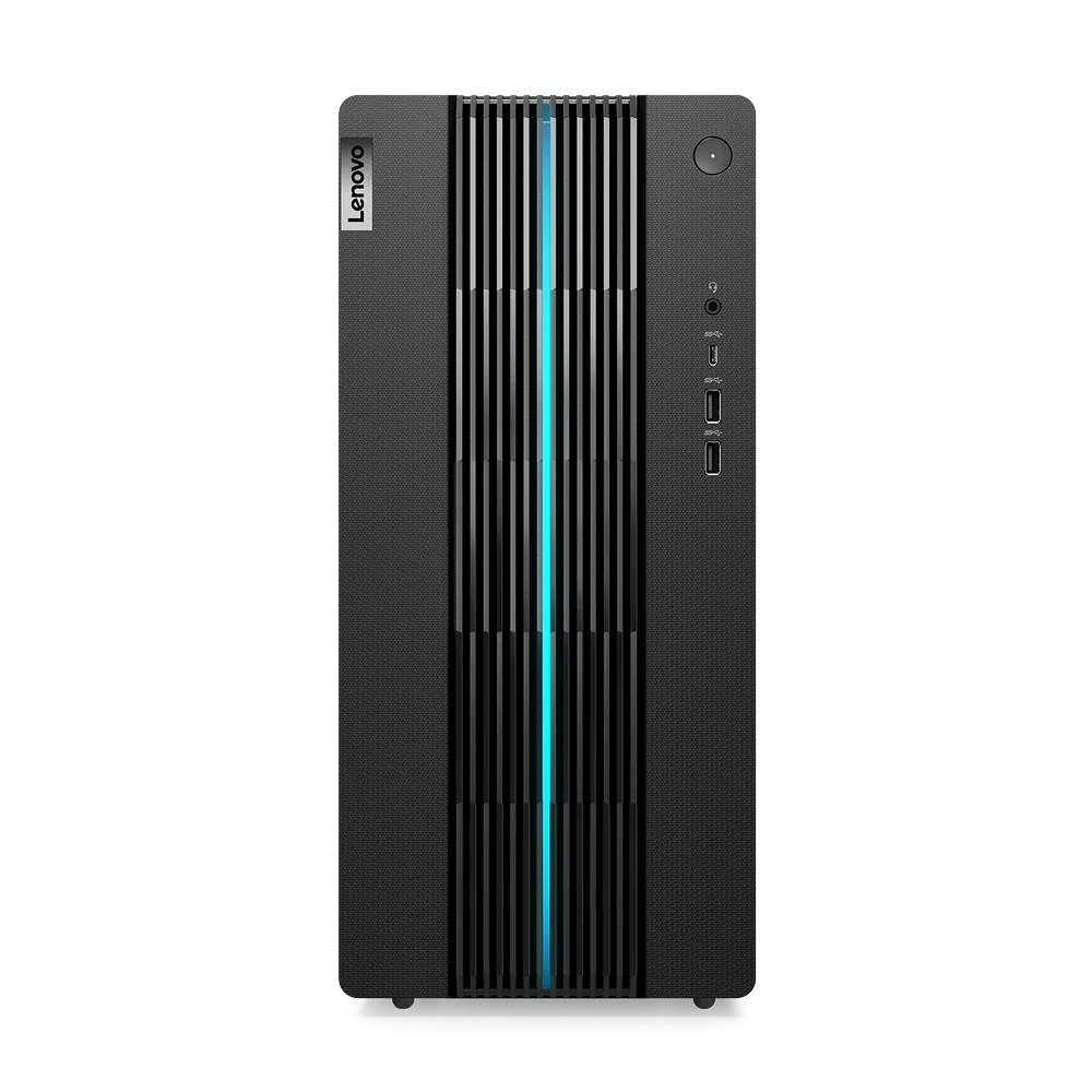 Una torre de computadora de escritorio Lenovo negra con iluminación azul de acento.
