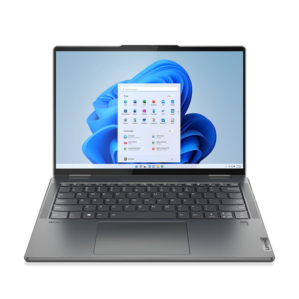 Ordenador portátil gris con teclado y pantalla que muestra una interfaz de Windows.