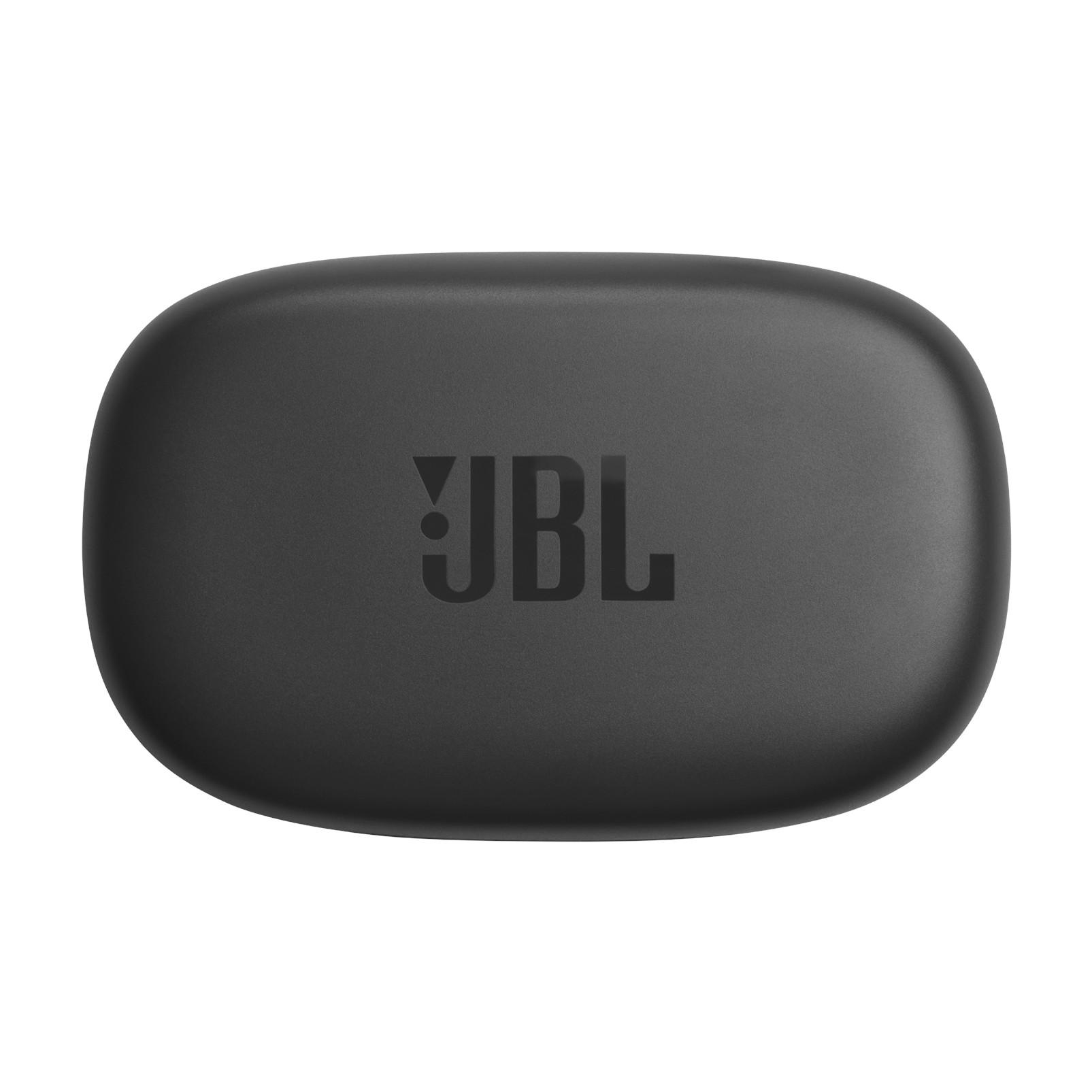 Schwarzes JBL-Marken-Ohrhörer-Etui, Draufsicht, auf weißem Hintergrund.