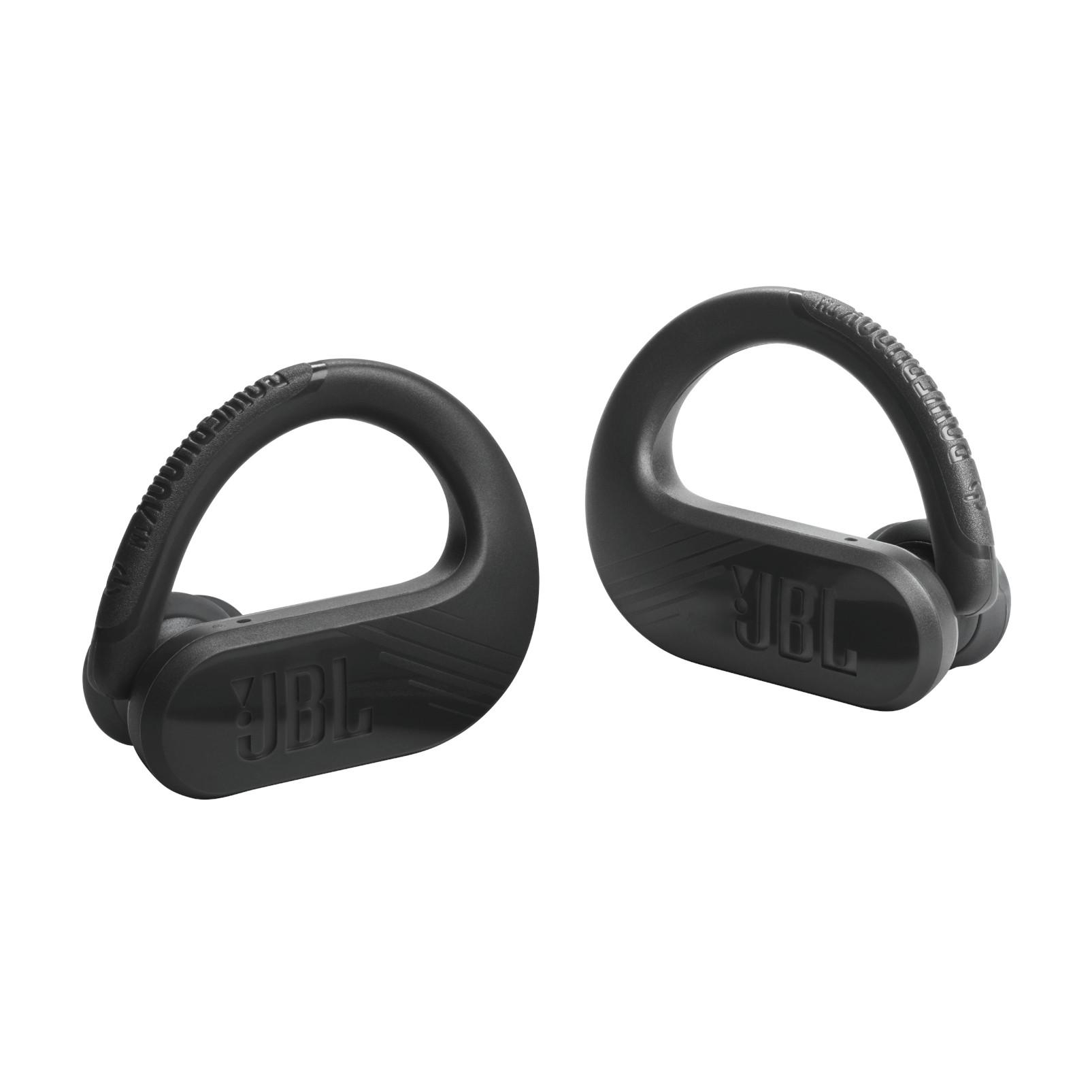 Zwei schwarze JBL Sportkopfhörer. Die Kopfhörer haben einen Haken, der über das Ohr passt.