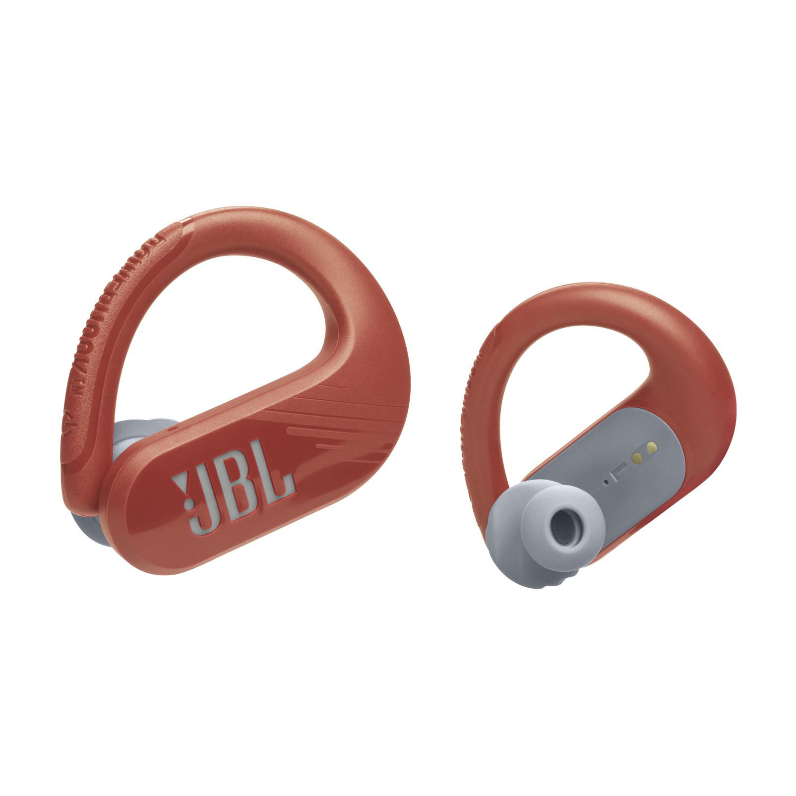 Orangefarbene JBL-Ohrhörer. Das Ohrteil hat eine graue Spitze.