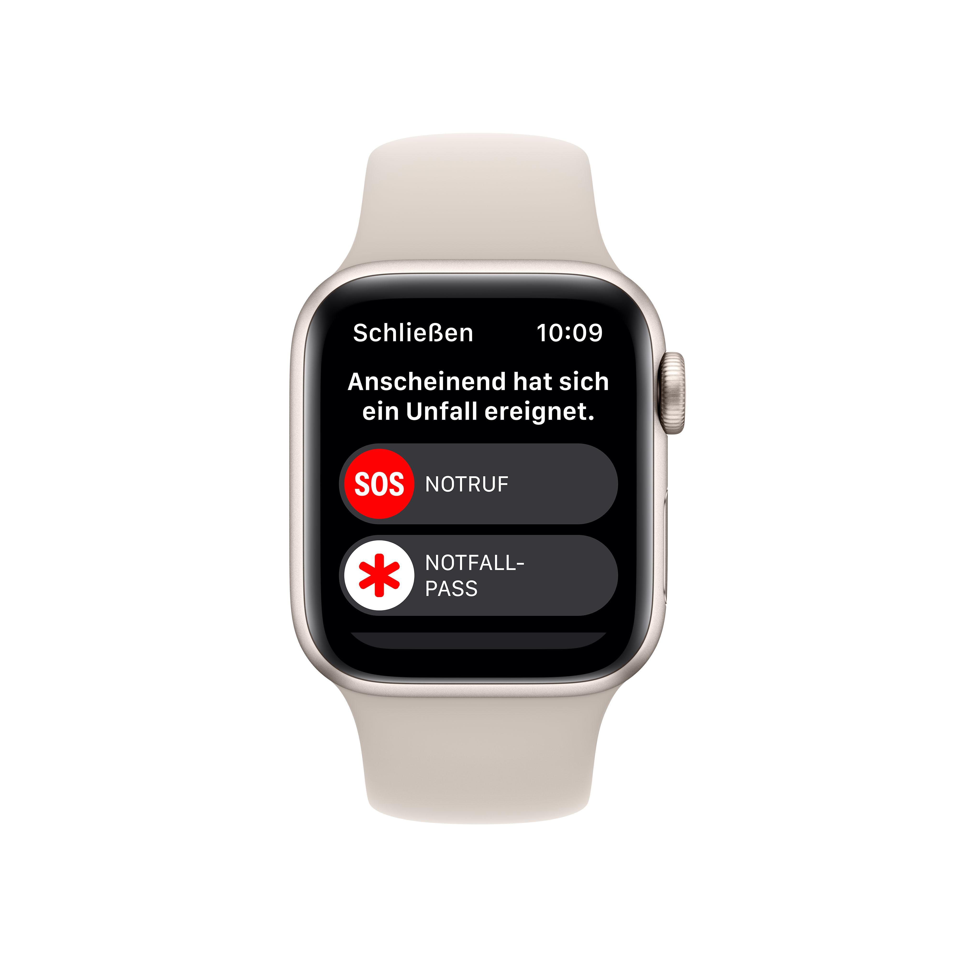 Apple Watch zeigt SOS-Notfallmeldung an. Text auf Deutsch. SOS- und Notruftasten.