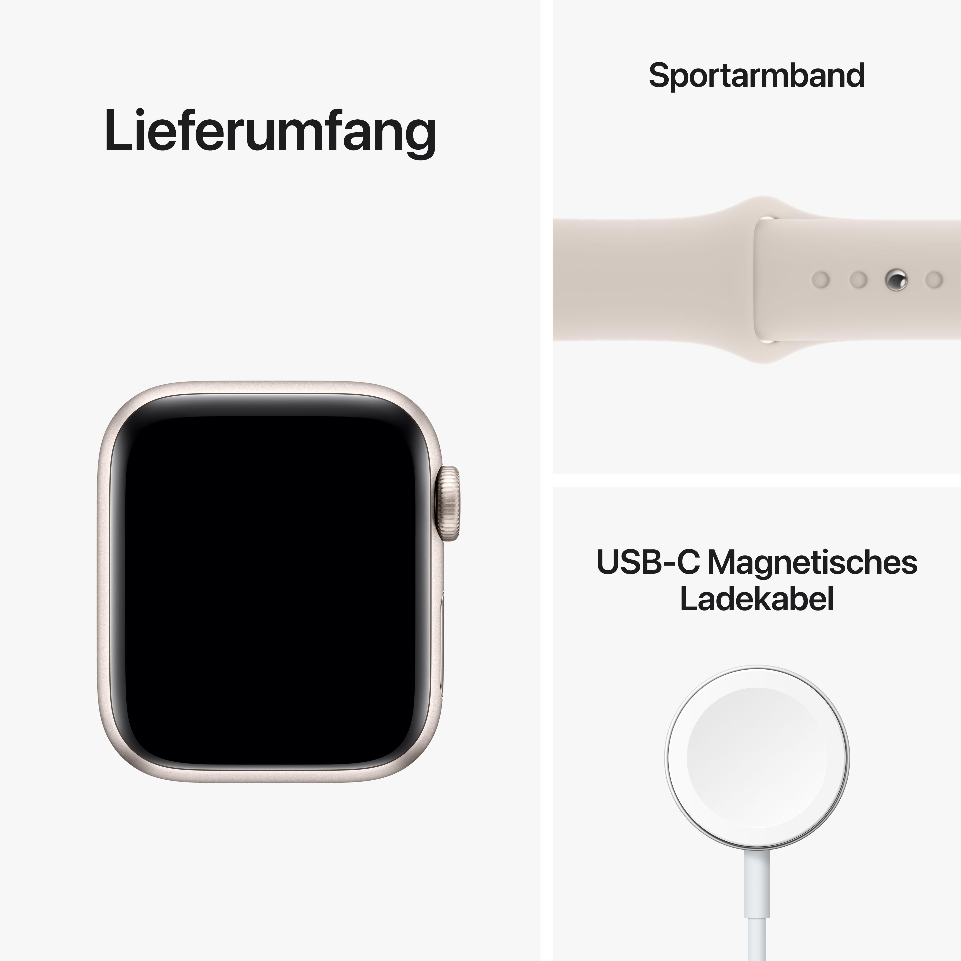Eine Apple Watch, ein Sportarmband und ein Ladekabel auf weißem Untergrund.