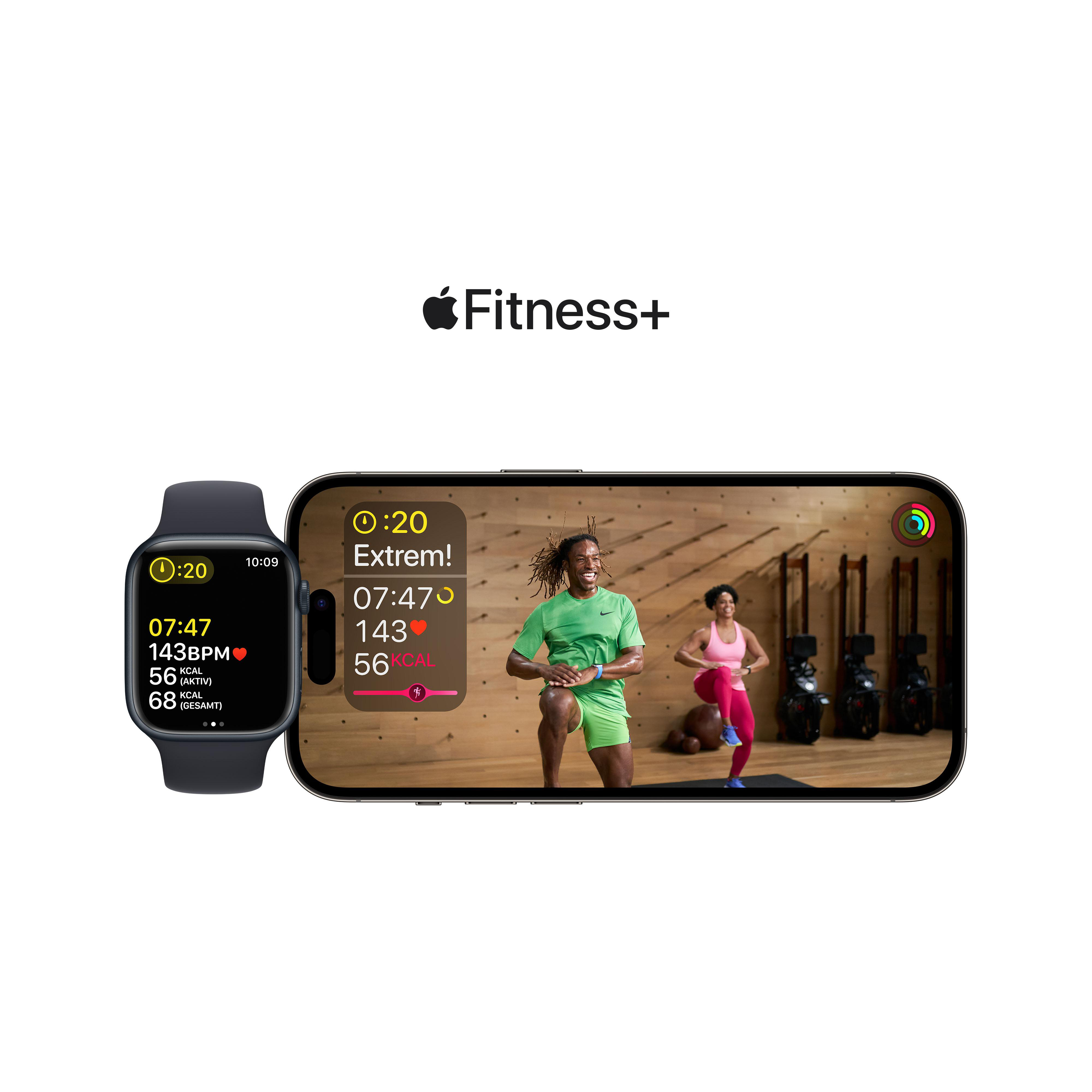 Apple Watch und iPhone zeigen Apple Fitness+ Training auf weißem Hintergrund. Das Logo ist vorhanden.