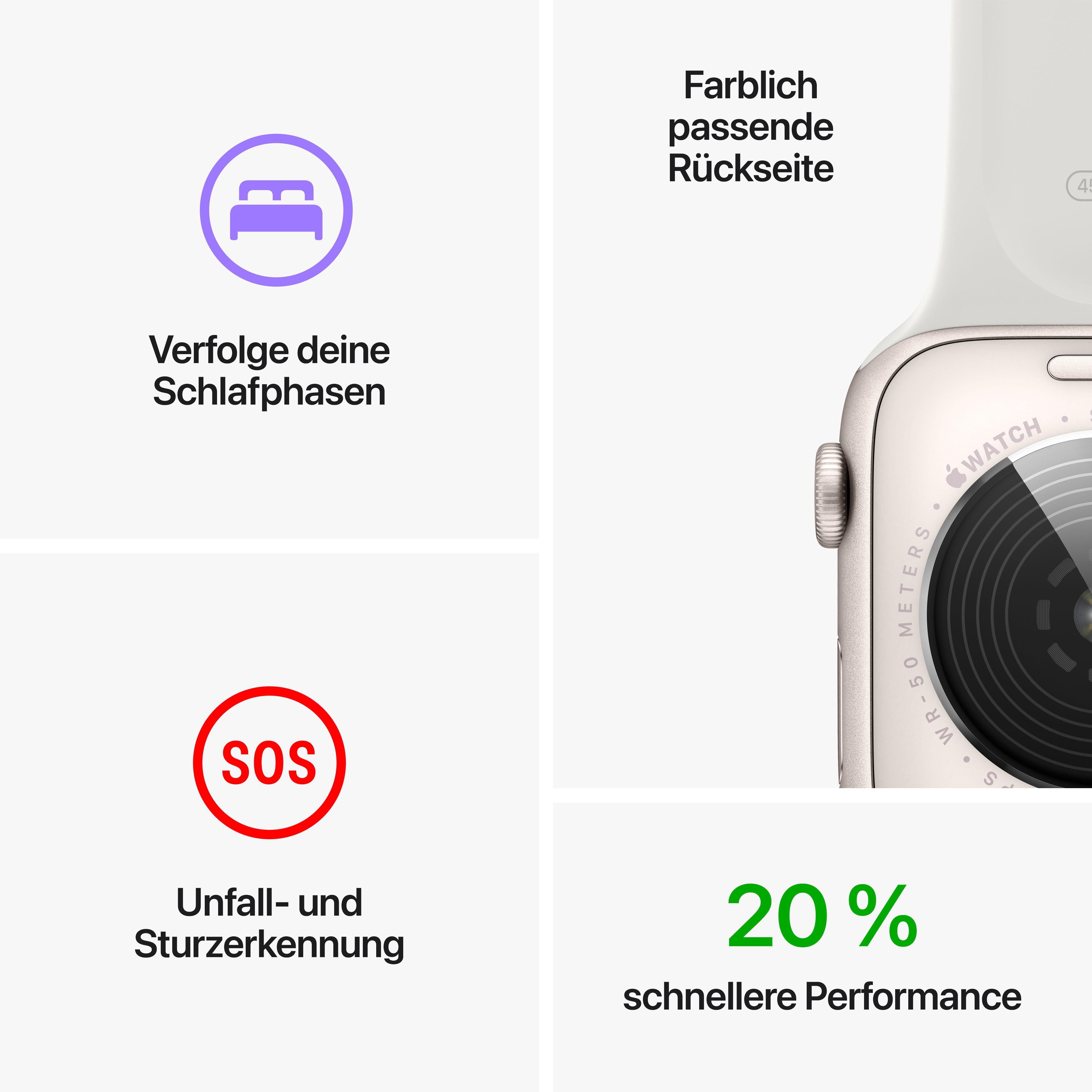 Weiße Apple Watch mit Schlaf-, SOS- und 20% Leistungssteigerungs-Icons. Weißer Hintergrund.