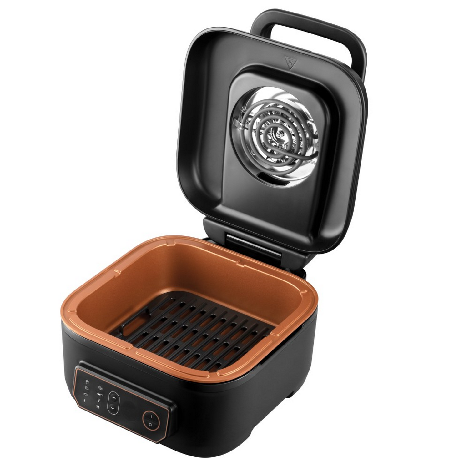 Open zwarte grill met koperen binnenkant en handvat.