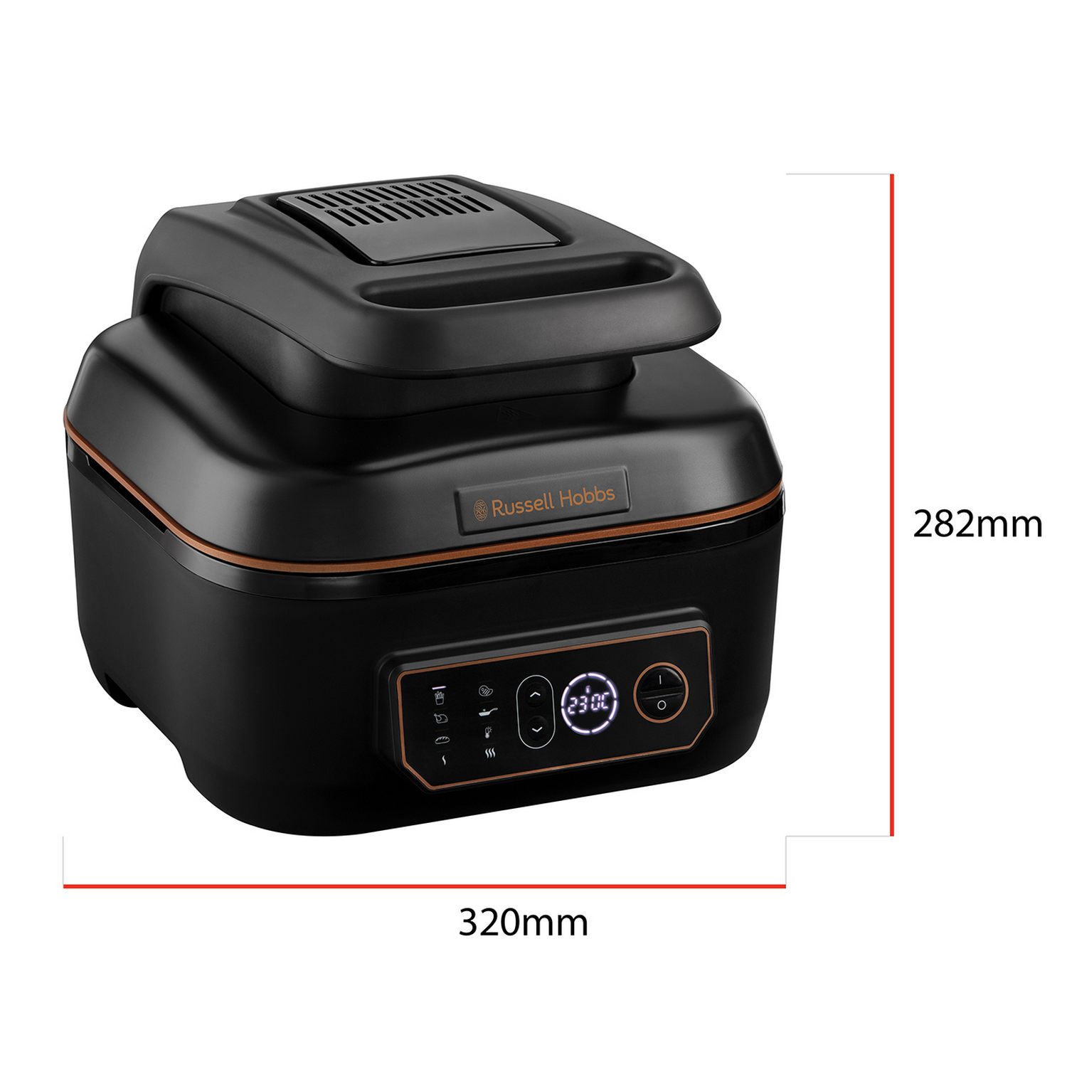 Zwarte Russell Hobbs multicooker. Het heeft een display en afmetingen zijn getoond.