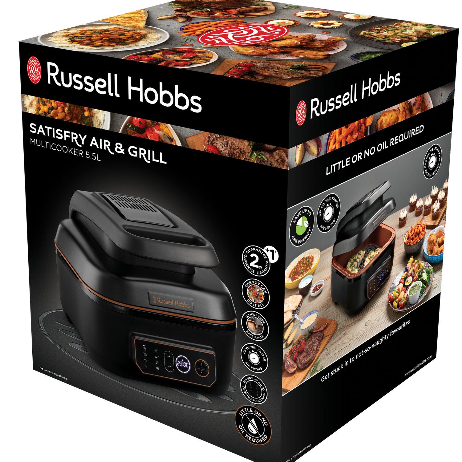 Doos van Russell Hobbs airfryer en grill. De doos toont het apparaat en diverse voedselfoto's.