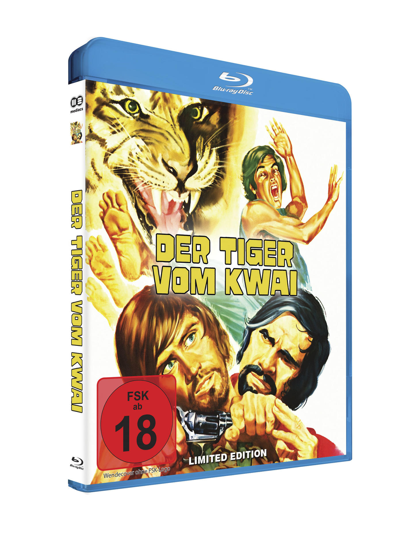 Blu-ray-Cover eines Films mit einem Tiger und drei Männern in Not.