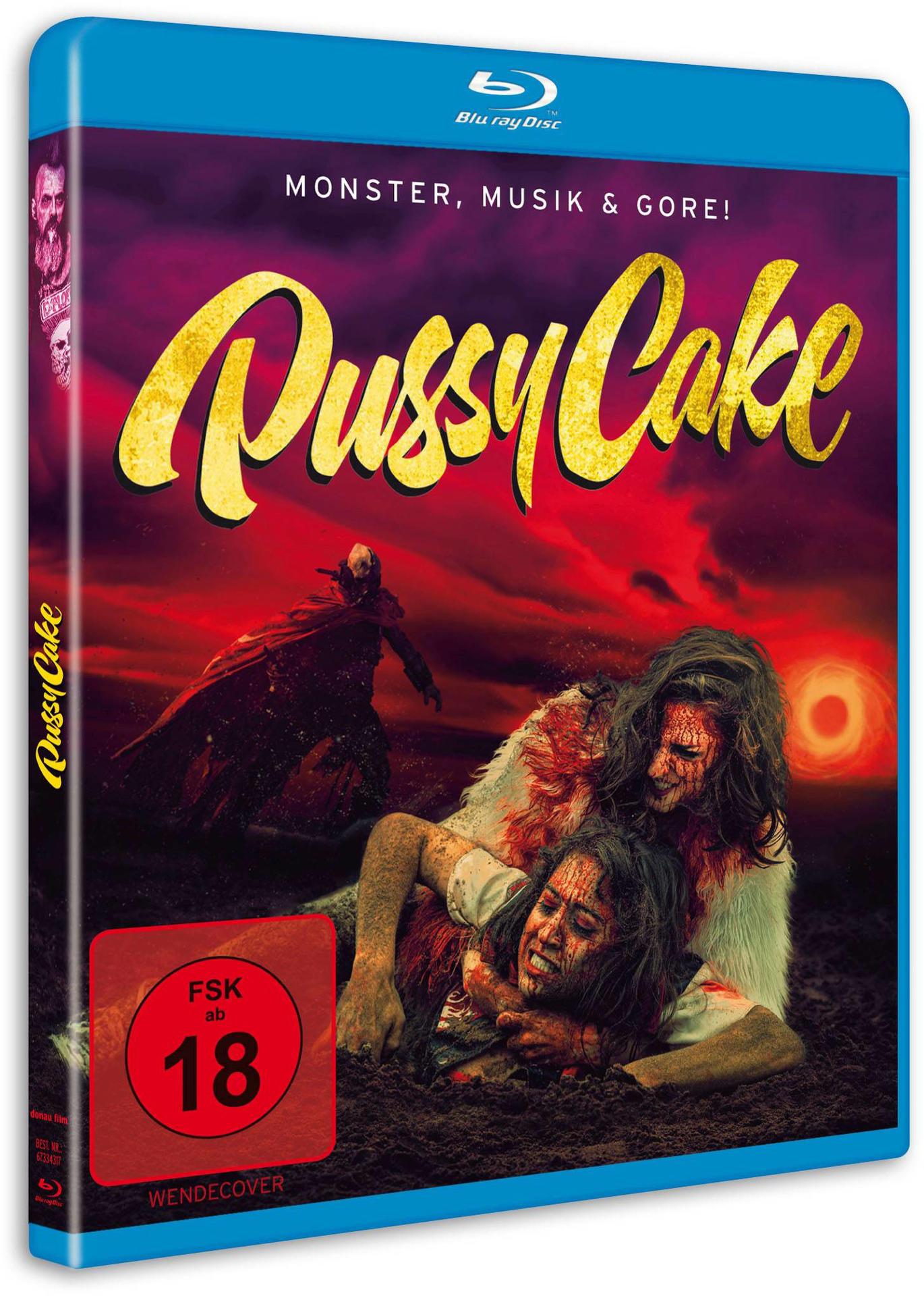 Blu-ray-Cover für den Film 'PussyCake'. Enthält eine blutige Horrorszene mit dunklem, unheimlichem Hintergrund.