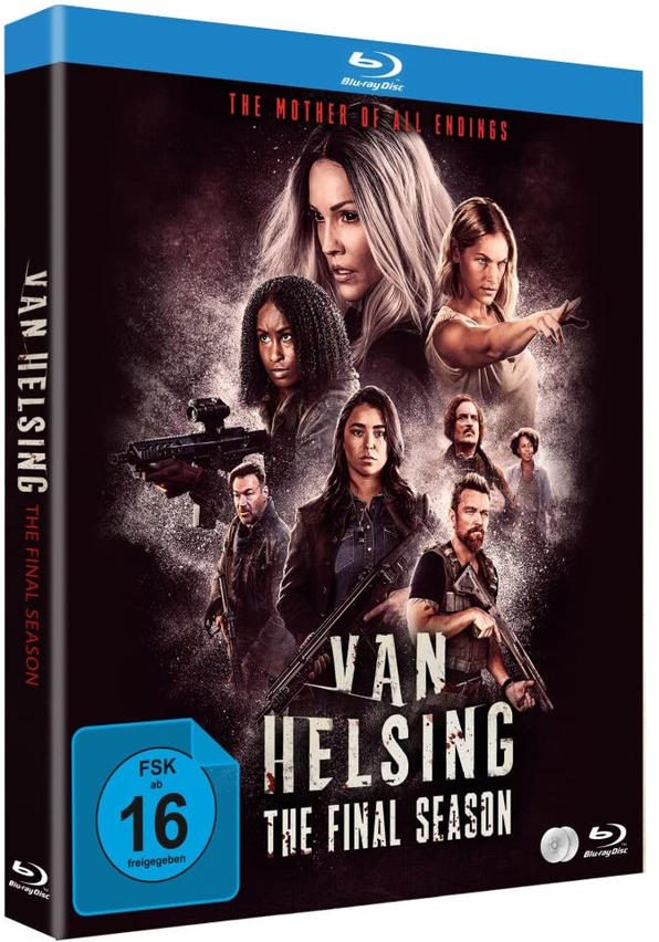 Van Helsing: The Final Season Blu-ray-Cover. Zeigt eine Gruppe von Leuten mit Waffen, dunkler Hintergrund.