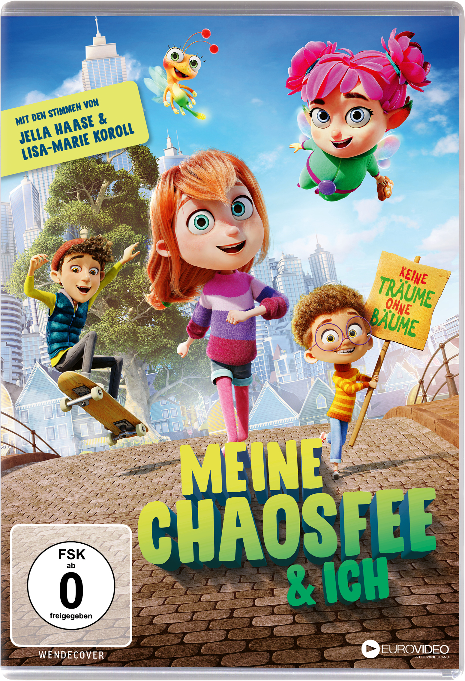Filmcover mit Zeichentrickfiguren auf einer Stadtstraße; farbenfroher Titeltext.