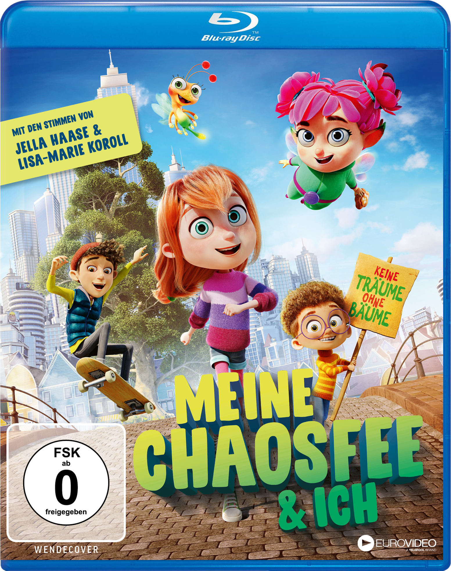 Cover eines Animationsfilms mit Charakteren und Stadt.
