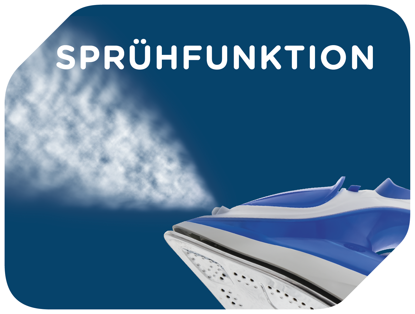 Nahaufnahme eines blau-weißen Bügeleisens, das Wasser sprüht, mit dem Text 'SPRÜHFUNKTION'.