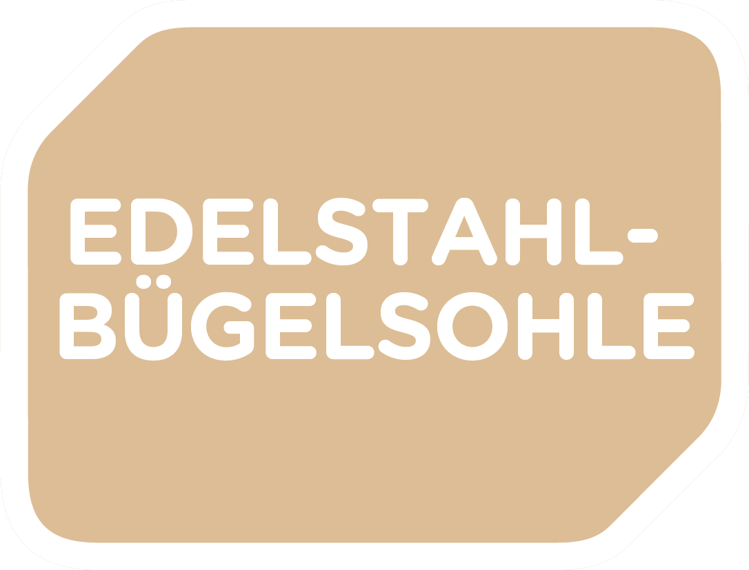Ein beigefarbenes Emblem mit dem Text 'EDELSTAHL-BÜGELSOHLE' in Weiß.