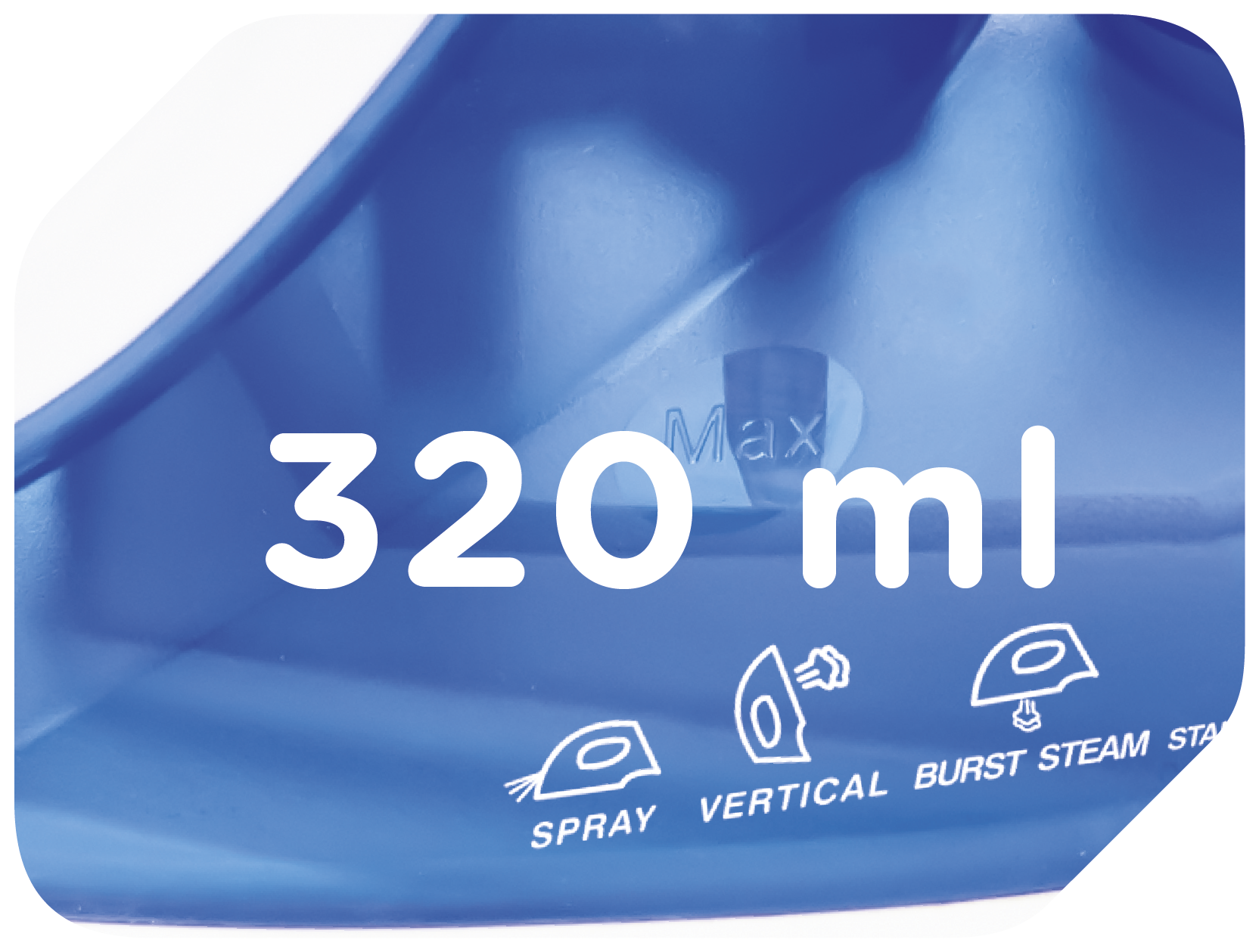 Nahaufnahme eines blauen Wasserbehälters mit dem Text '320 ml' und Symbolen für Sprühnebel und Dampf.
