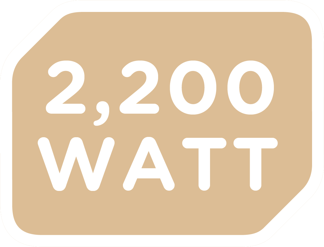 Hellbraunes Etikett mit weißem Text '2.200 WATT', das die Leistungsaufnahme angibt.
