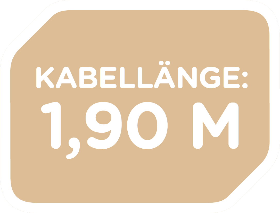 Ein beiger Aufkleber mit dem Text „KABELLÄNGE: 1,90 M“ darauf.