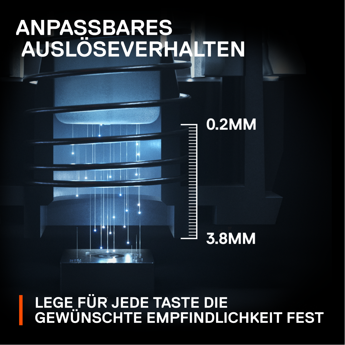 Nahaufnahme einer mechanischen Komponente mit Textbeschreibungen. Blaue Lichter. Schwarzer Hintergrund.