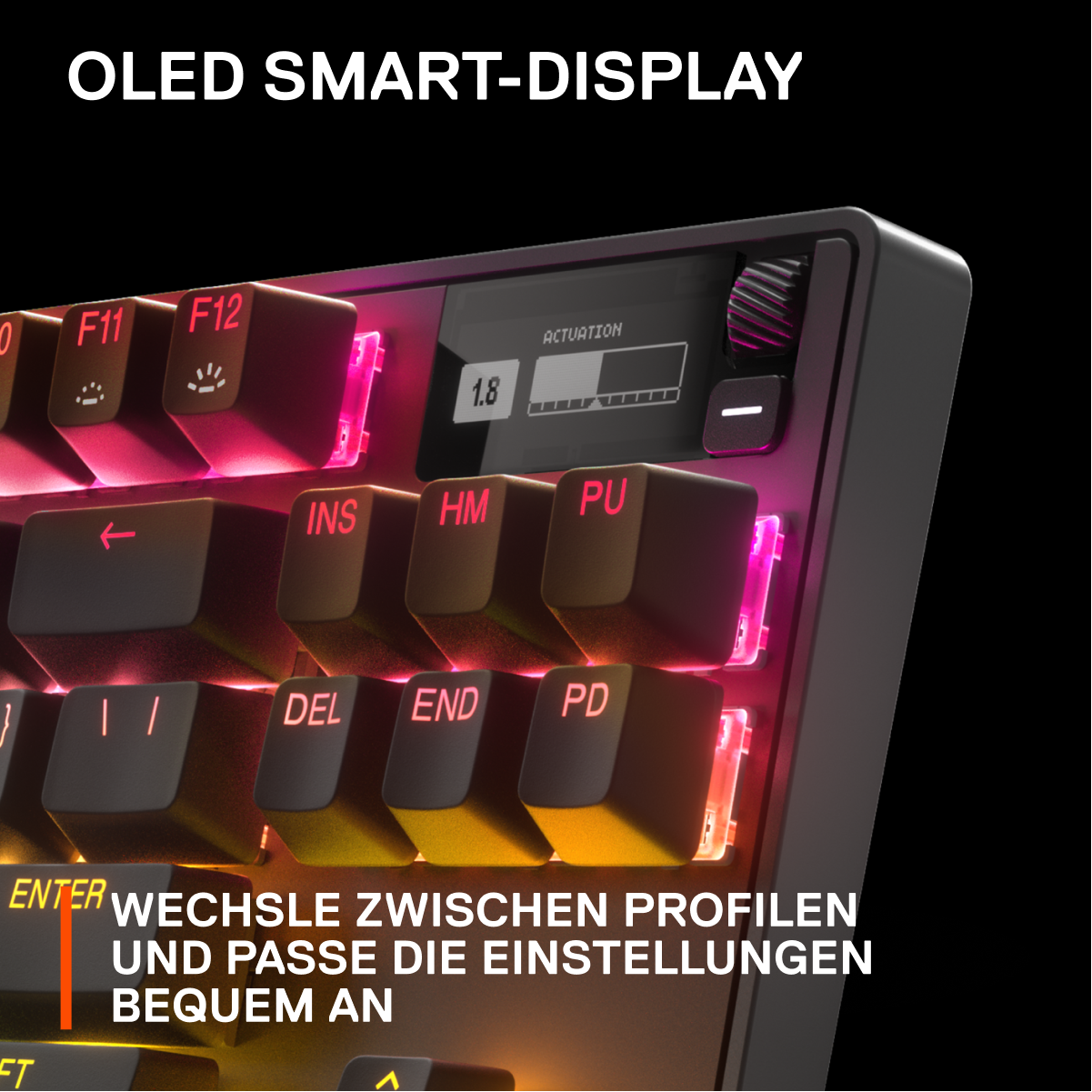 Tastatur mit OLED-Display. Die Tasten sind mit roten und orangefarbenen Farben beleuchtet.