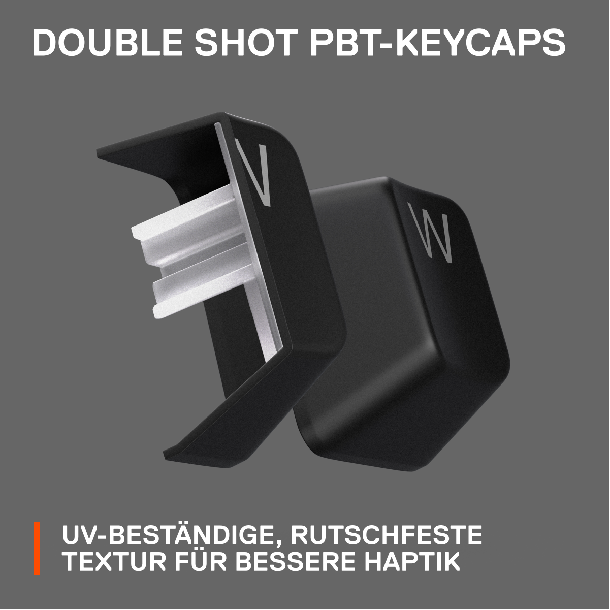 Zwei schwarze Tastenkappen mit den Buchstaben 'W' und 'V'. Der Text ist weiß.