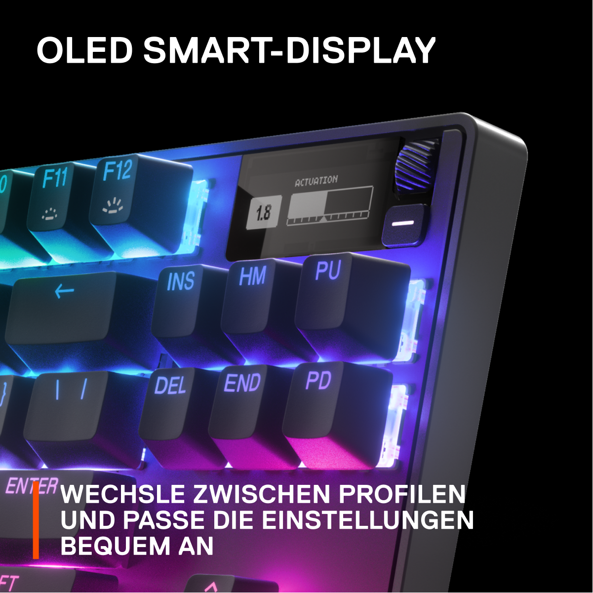 Nahaufnahme einer bunten Tastatur mit einem OLED-Smart-Display. Text lautet 'OLED SMART-DISPLAY'.