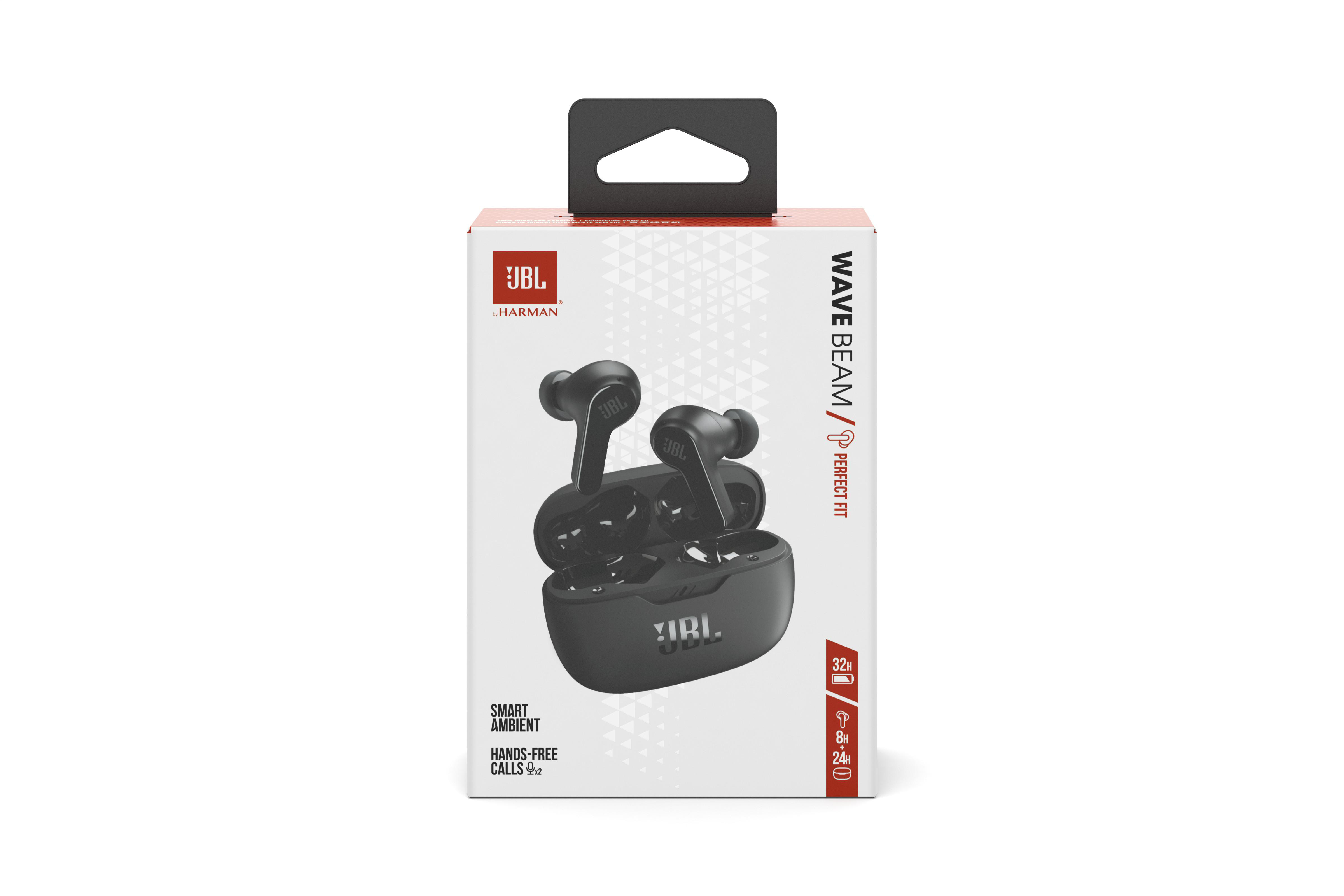 Eine JBL Wave Beam Kopfhörerbox. Es zeigt die Kopfhörer und Funktionen wie Smart Ambient.