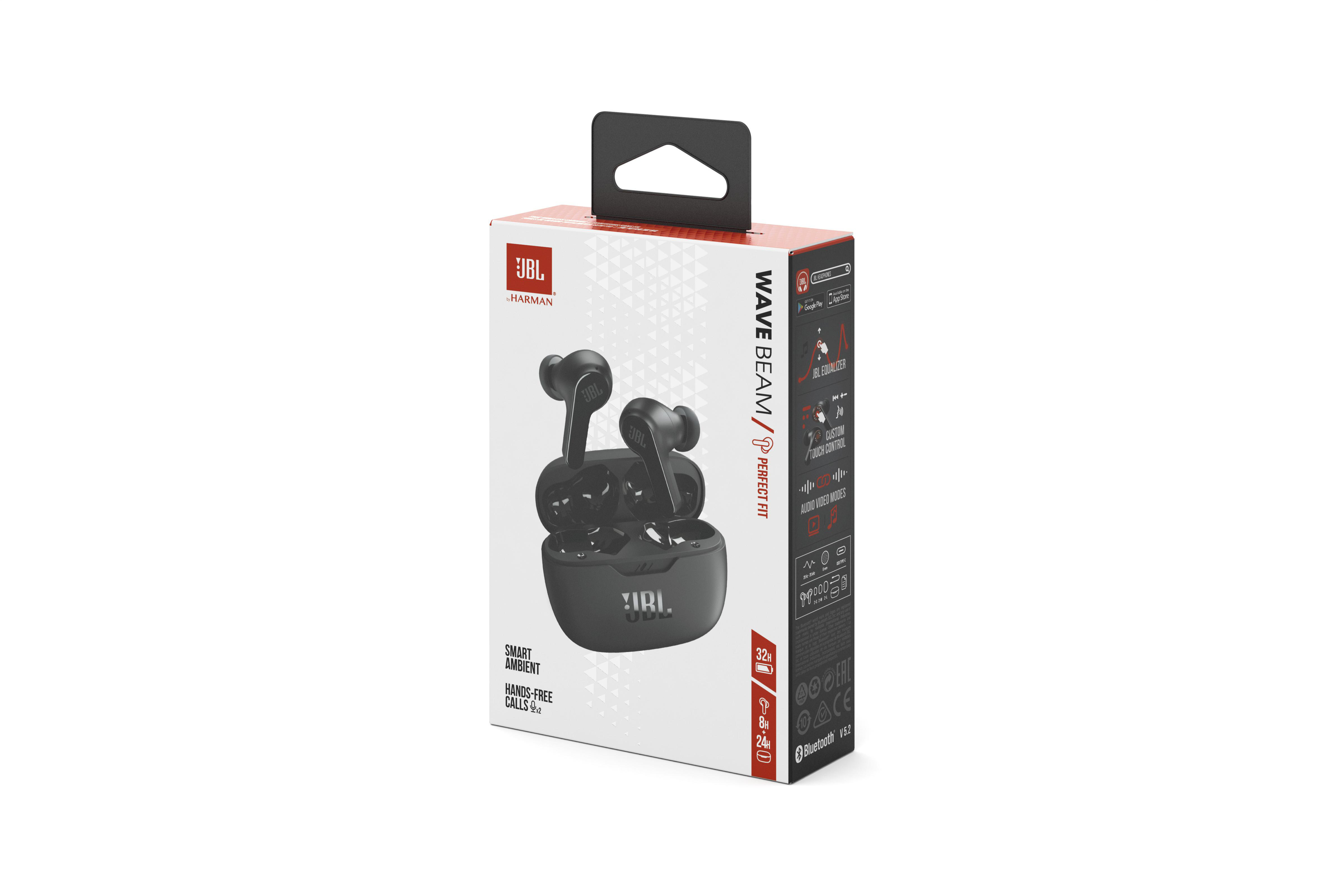 Verpackte schwarze JBL Wave Beam Ohrhörer. Die Box zeigt Ohrhörer und Etui.