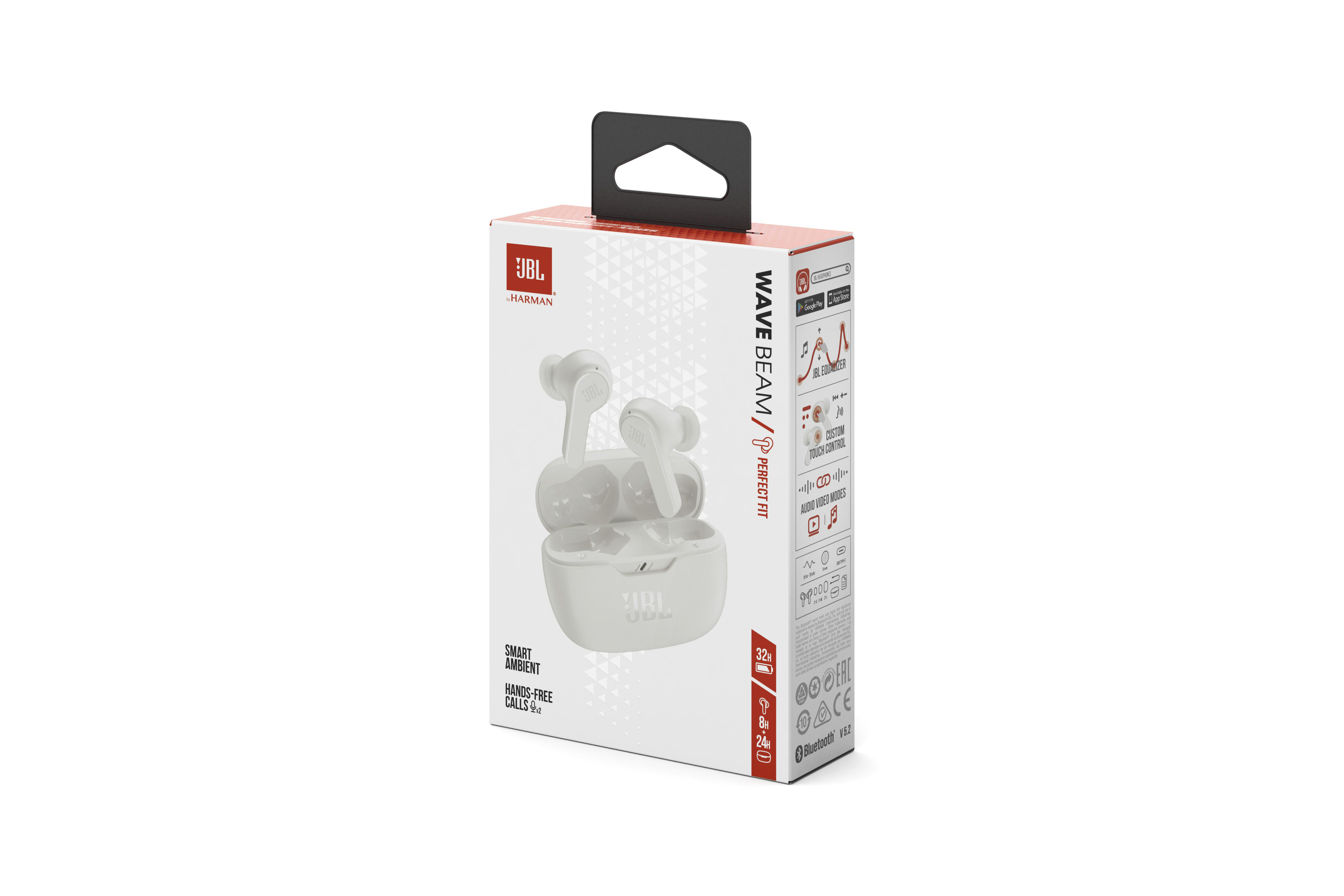 Schachtel mit weißen JBL Ohrhörern mit Ladecase.