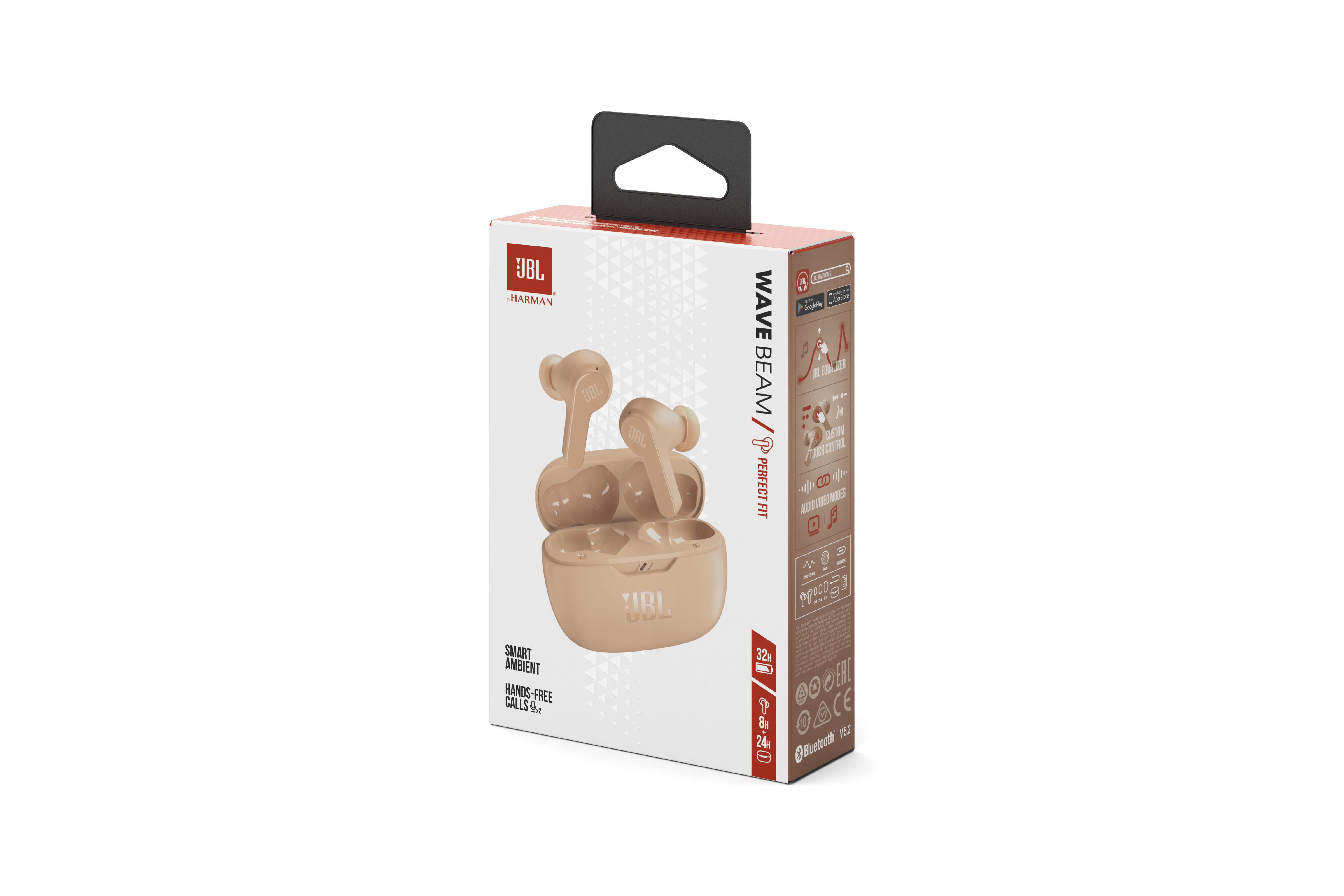 Weiße Box mit JBL-Ohrhörern, Etui und Text auf der Vorderseite, Produktaufnahme.