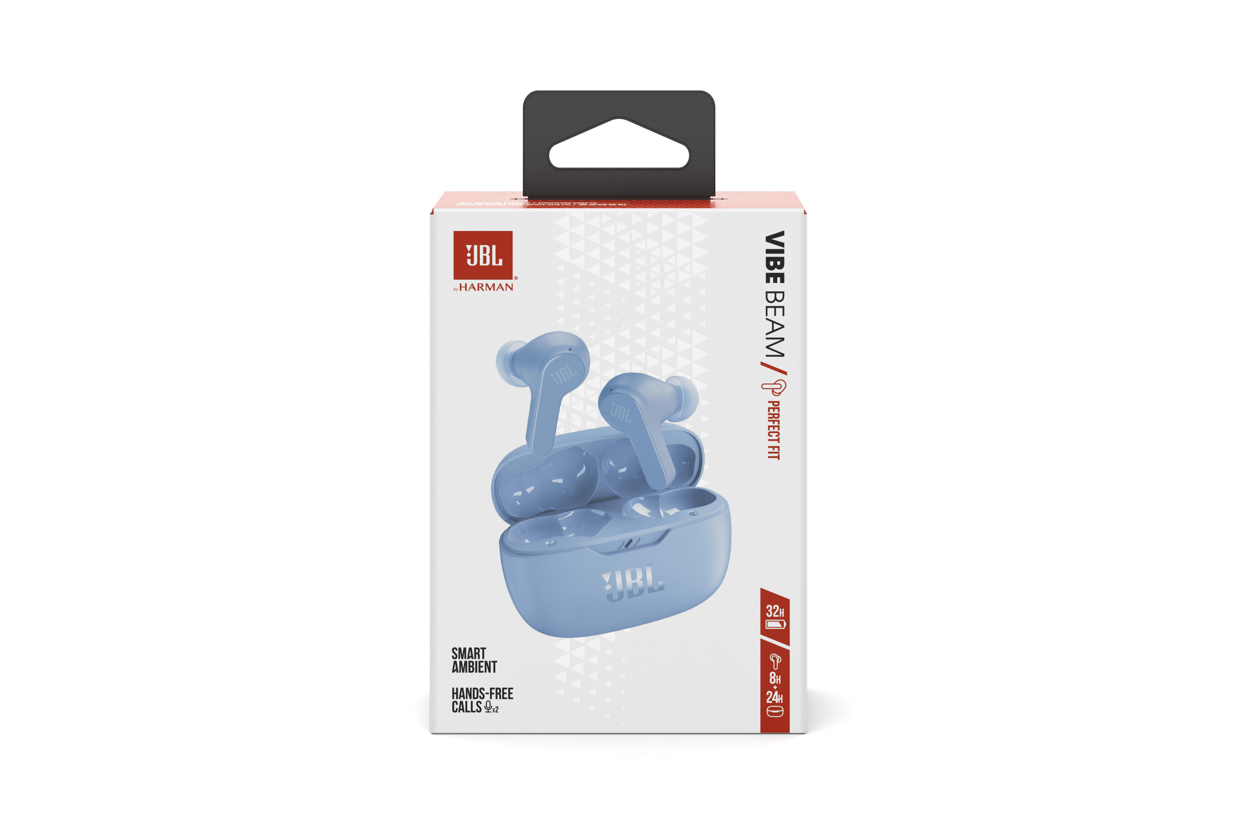 Eine JBL Vibe Beam Ohrhörerbox. Die Box ist weiß, mit blauen Ohrhörern und Text.