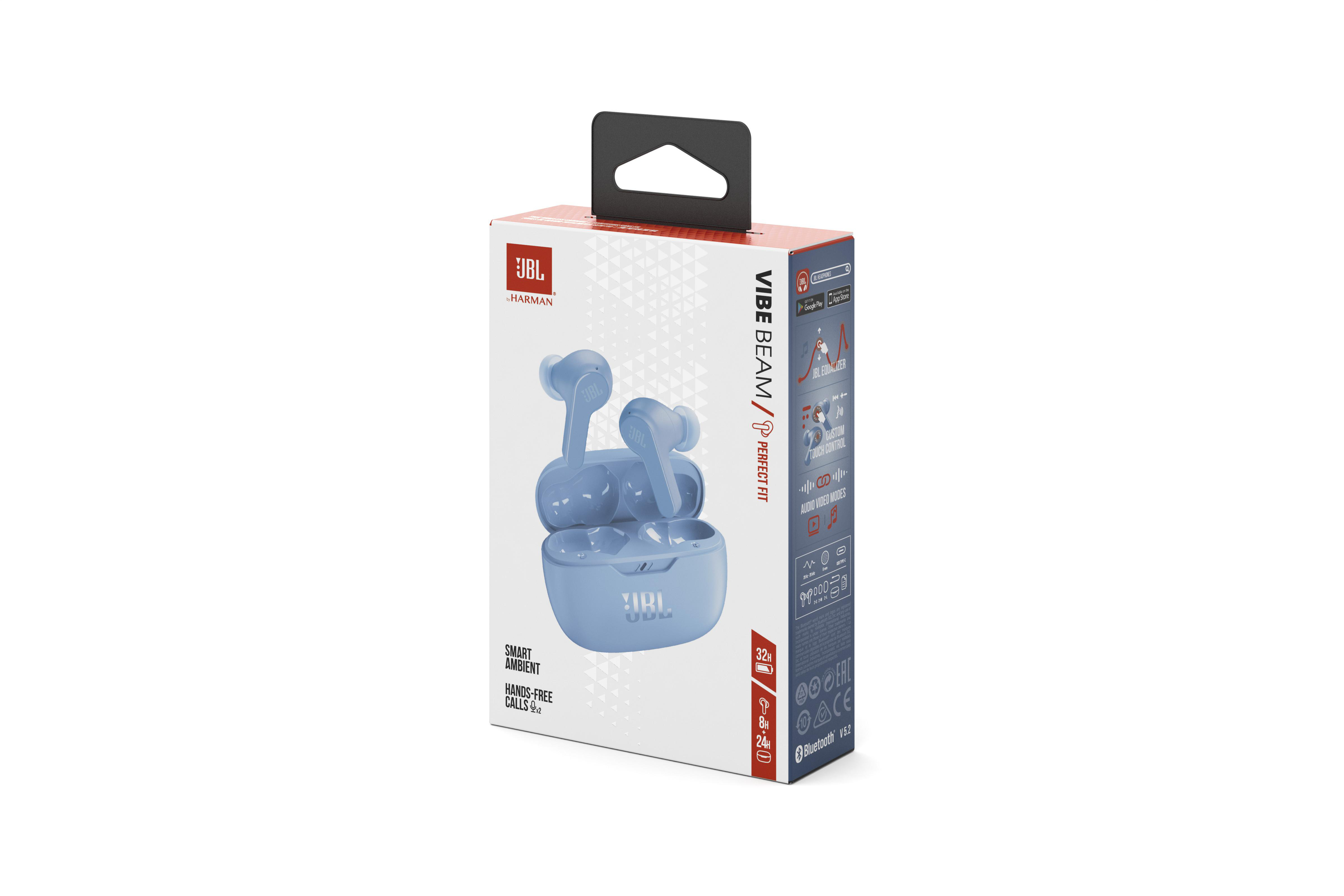 JBL Vibe Beam Kopfhörerbox, die Ohrhörer und das Etui in einem blauen Farbschema zeigt.